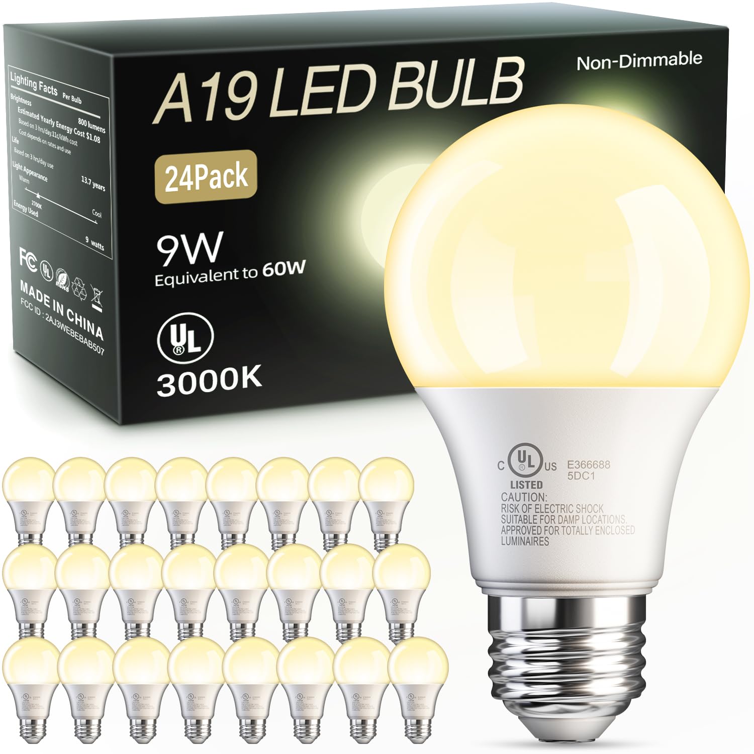 Tjoy 24 Pack A19 Led Light Bulbs Warm White 3000K, 60 Watt Equivalent, Efficient 9W, E26 Standard Base, Non Dimmable Energy Savi