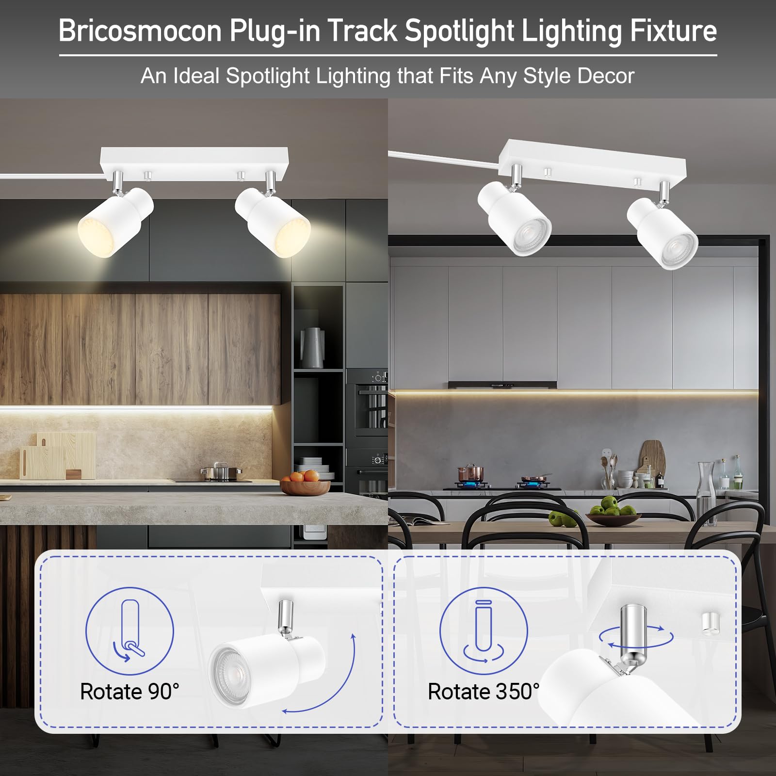 Plug In Track Lighting Fixtures Ceiling, White Track Light Led, 2-Light Track Lights With Cord, 2 Way Ceiling Spotlight, Rocker Switch, Rotatable Wall Mount Light For Kitchen/Bedroom,Bulb Not Included