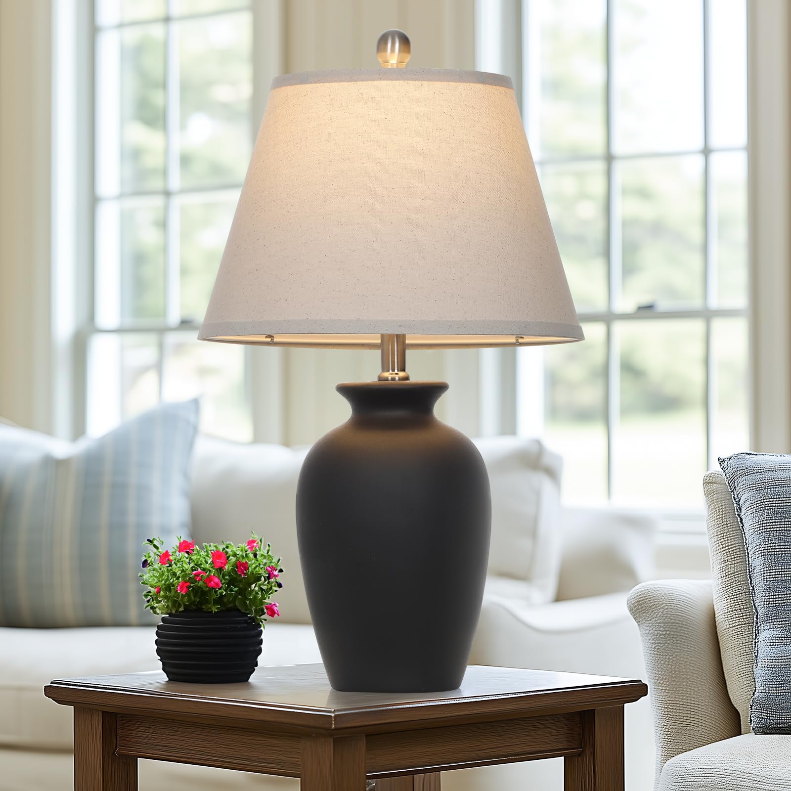 Cinkeda 22'' Black Ceramic Farmhouse Table Lamp With Ginger Jar Design - For Living Room,Dining Room,Bedroom,Office,Nightstand,E