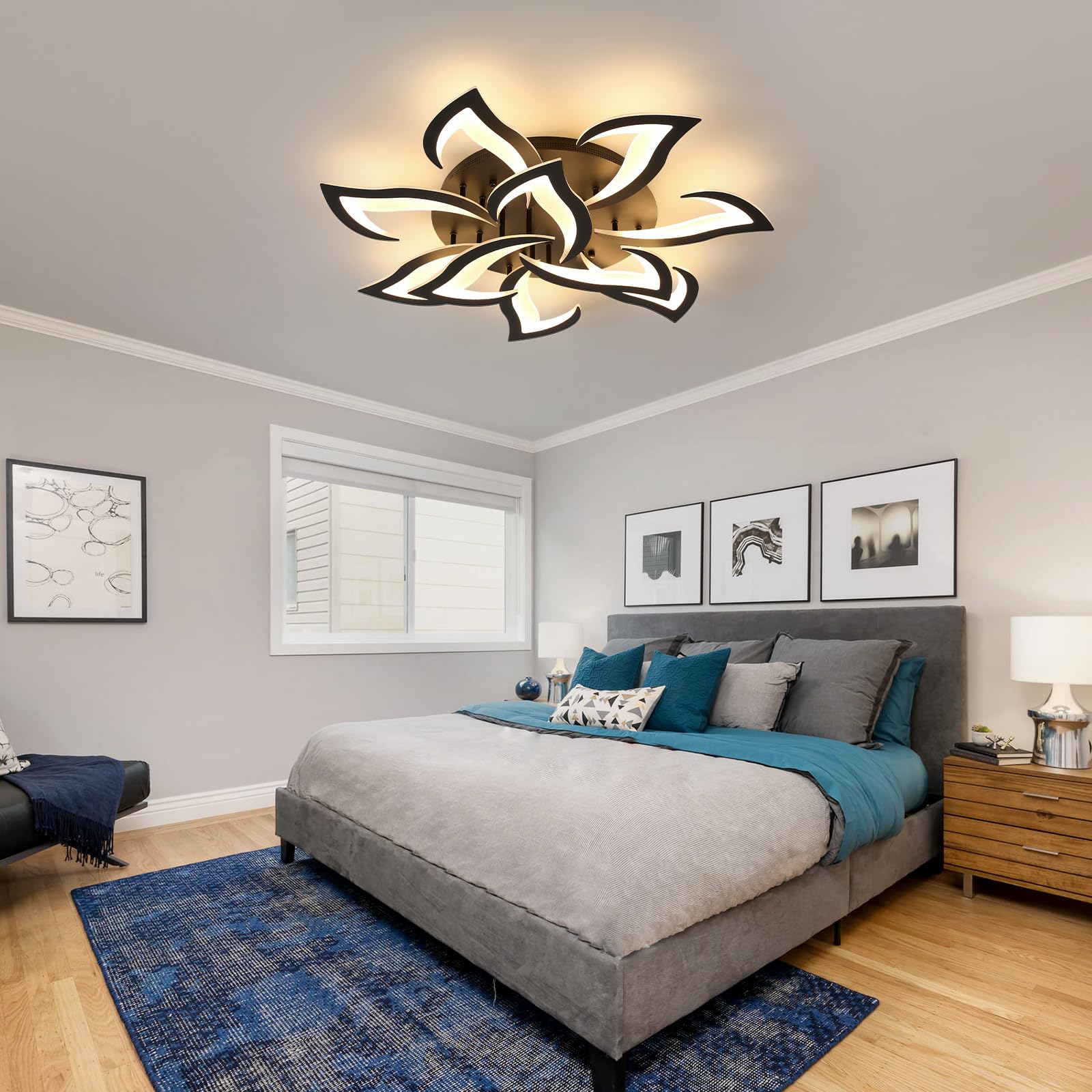 Goeco Dimmable Ceiling Light Fixture, 10 Petals, Remote Control, App, 3000K-6500K, Black, Model 30907705