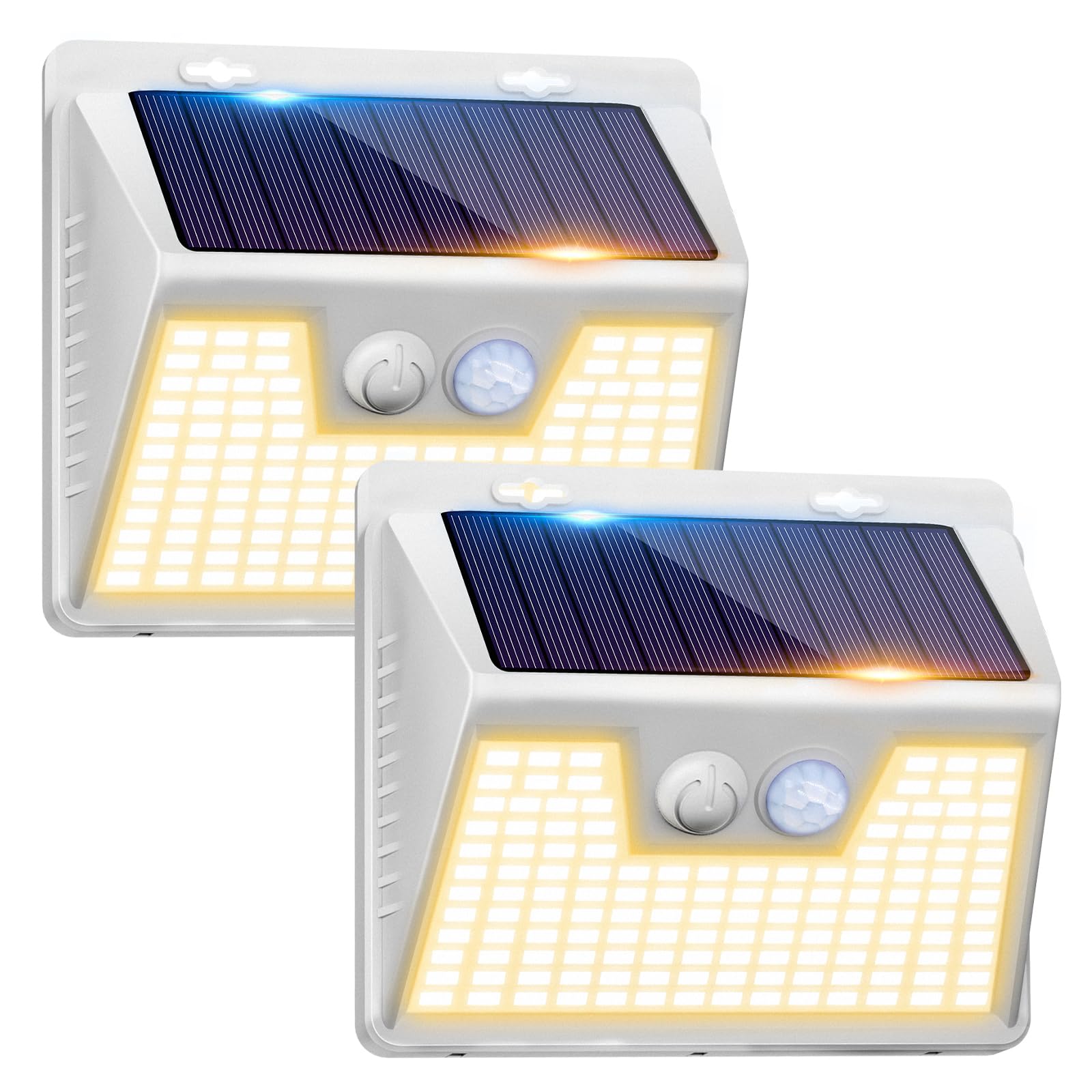 Peasur White Frame Solar Motion Sensor Lights Outdoor - 2 Packs, 180LED Warm Solar Wall Lights, Waterproof, 3 Modes Fence Securi