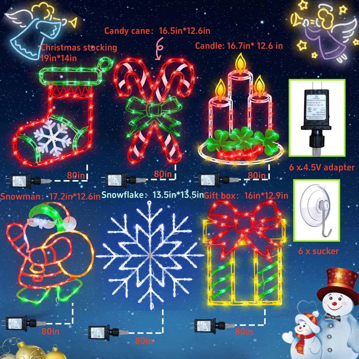 Pytopkto 16 Christmas Window Silhouette Lights - 6 Pack Colour Lighted Candy Cane & Santa & Christmas Stocking & Candle & Gift Box &Snowflake For Holiday Indoor And Outdoor Window Decorate