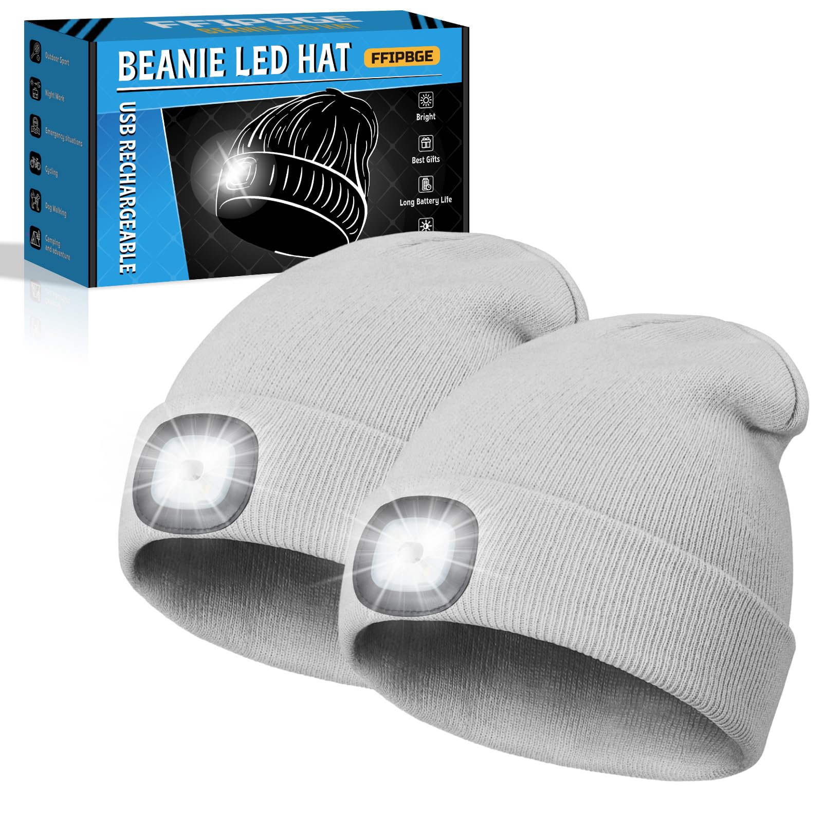FFIPBGE Beanie Hats with Light, USB Rechargeable, One Size-Medium, Gray, Model BHL2413, 2 Pack for Camping and Hiking