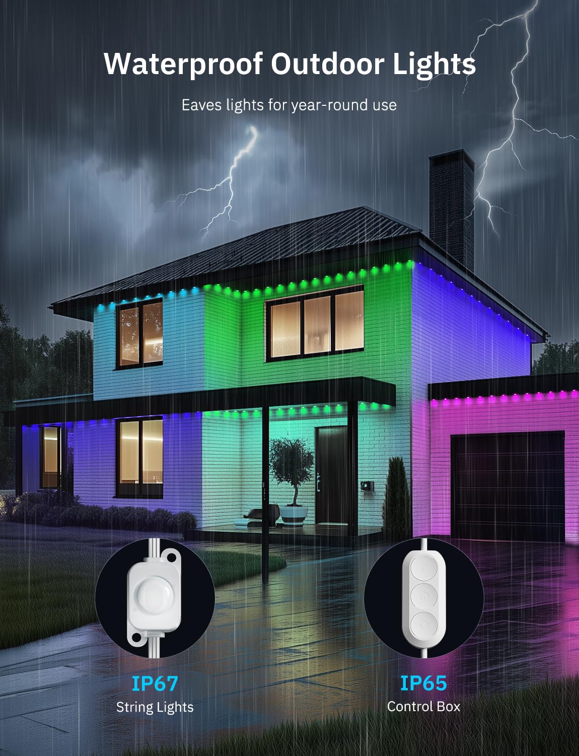 lemonlovely 200FT Permanent Outdoor Lights, Waterproof RGB+IC LED, Warm & Cool White, Model 2323, Perfect for Holiday Decor