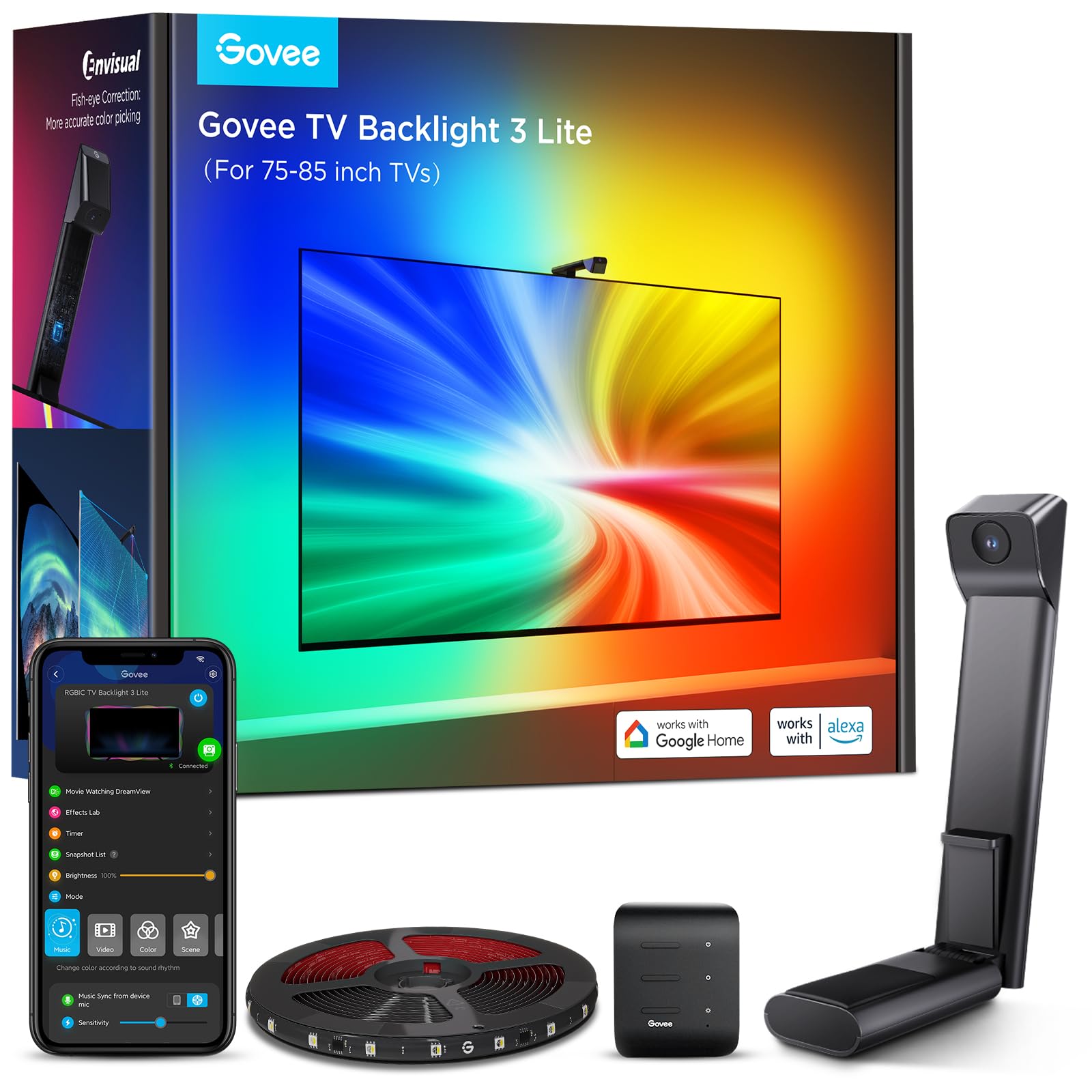 Govee TV Backlight 3 Lite with Fish-Eye Correction Function Sync to 75-85 Inch TVs, 16.4ft RGBICW Wi-Fi LED Strip Lights with Ca