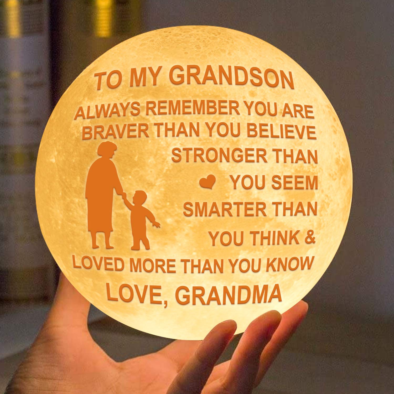 K KENON Personalized 3D Moon Lamp for Grandson, Personalized 5.9 Inch 3D Printing Moon Light Gift for Grandson Valentine's Christmas Gift (for Grandson from Grandma)