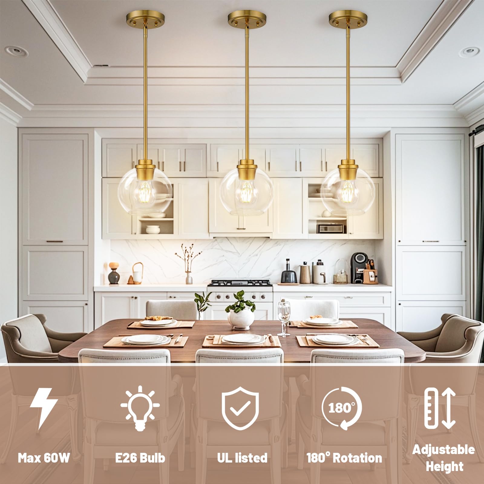 Ouvr Gold Pendant Light Fixtures,7 Inch Globe Pendant Lights Kitchen Island With Clear Glass, 1 Light Hanging Lights For Kitchen