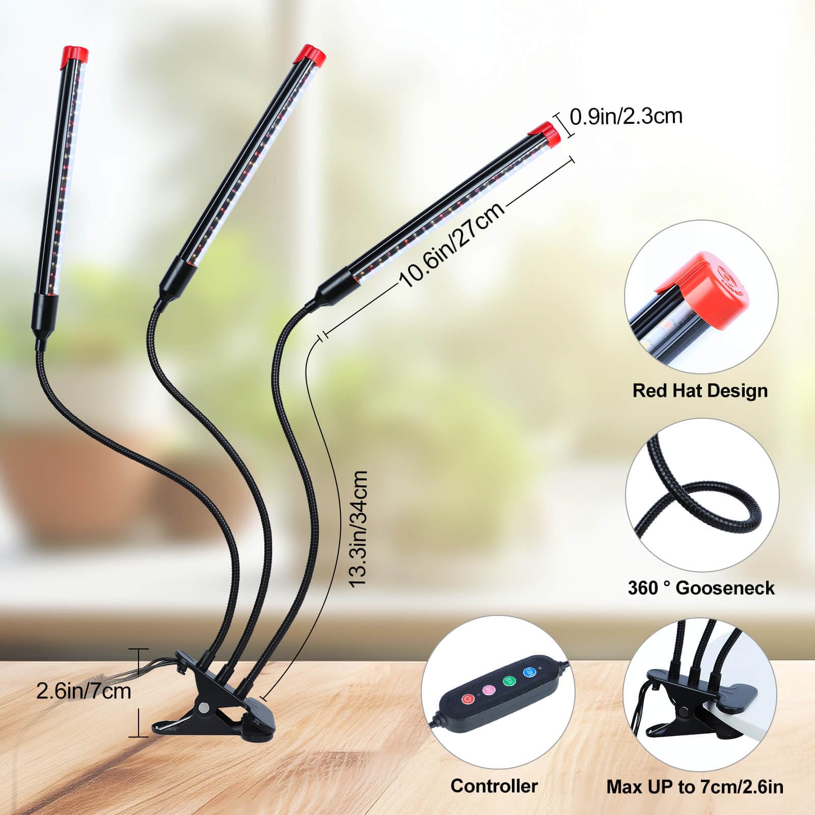FRGROW Grow Lights for Indoor Plants, Full Spectrum, 3-Head, 3000k/5000k/660nm, Dimmable, Black, Model JZ03