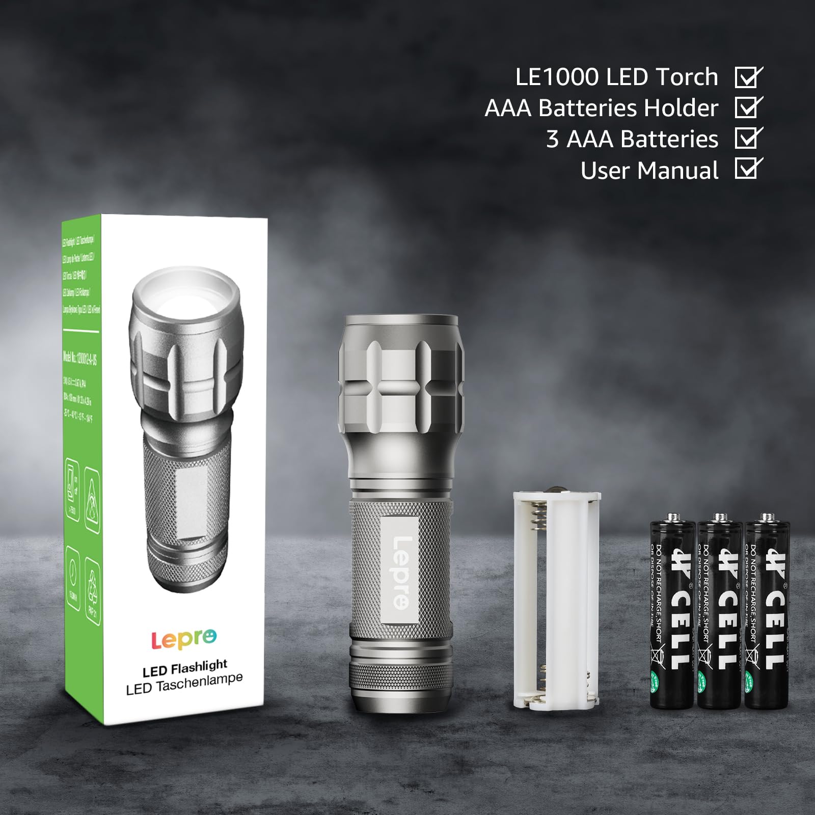 Lighting EVER LED Flashlights, Small Waterproof Aluminum, Adjustable Focus, High Lumens, Gray, Model 1200012, 2 Pack, AAA Batteries Included