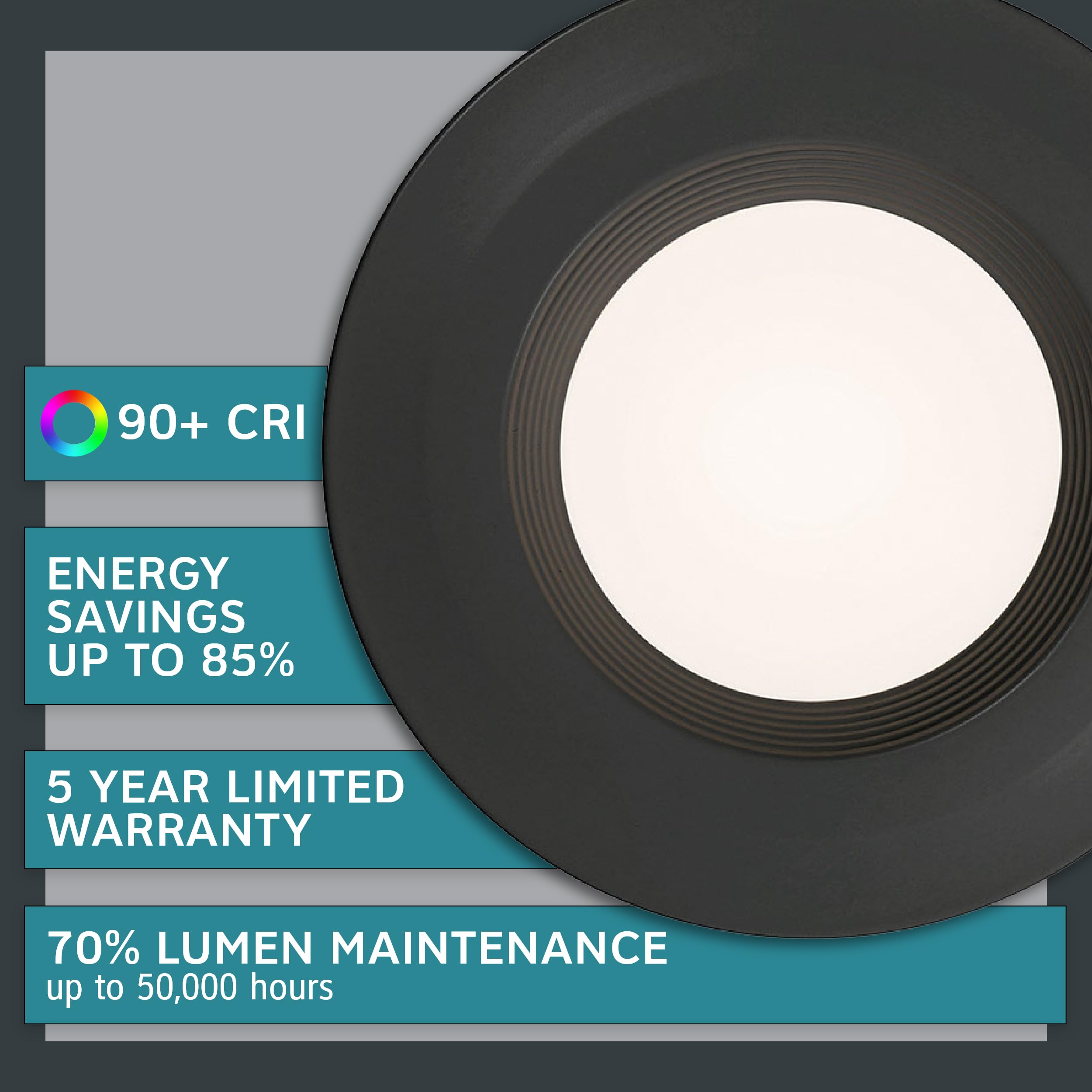 DESIGNERS FOUNTAIN LED Recessed Ceiling Lights, 6 Pack, 5"/6", Dimmable, 1050 Lumens, Black Baffle Trim, Model RB6BK