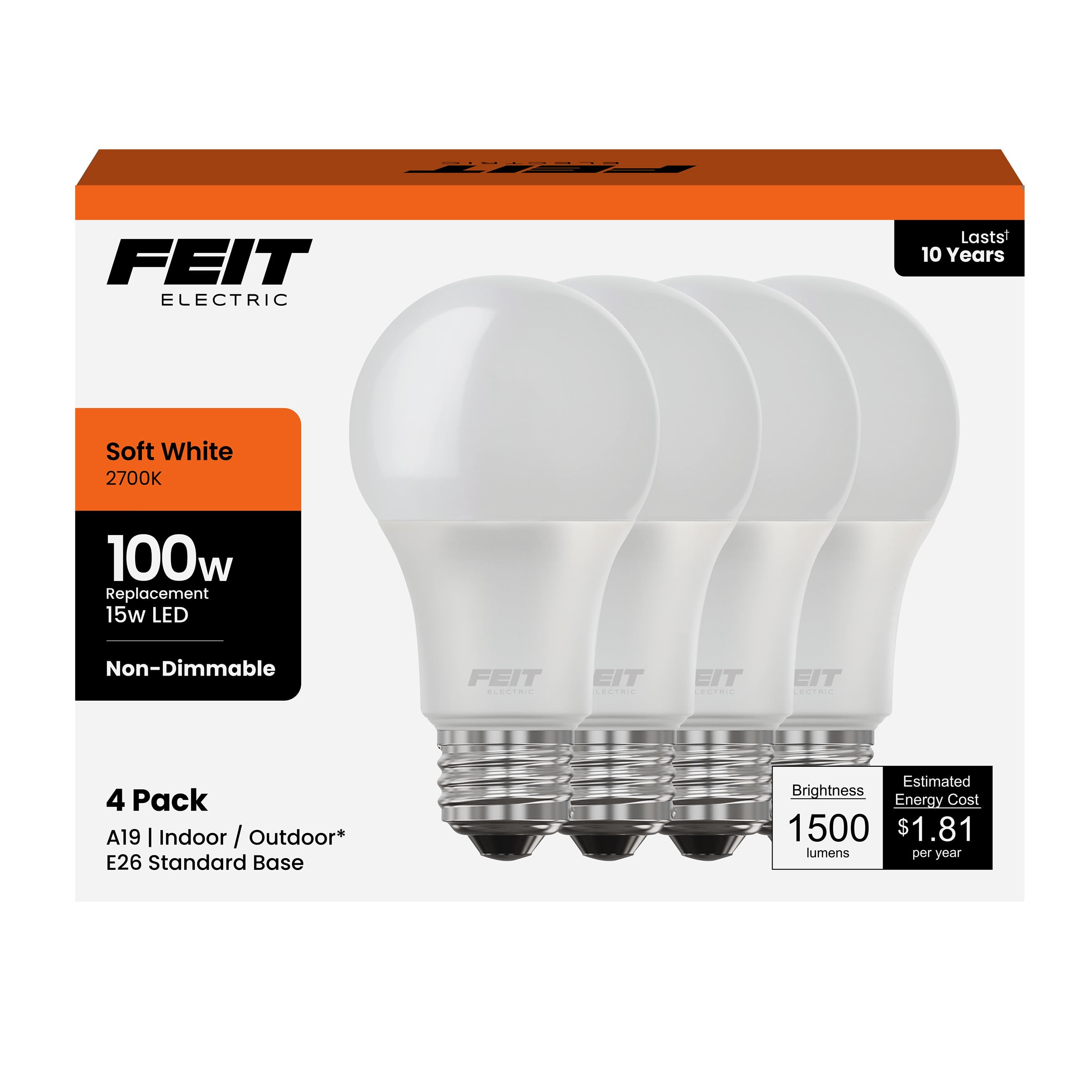 Feit Electric A19 LED Light Bulbs, 100W Equivalent, 1500 Lumens, Soft White 2700K, 15W, 11,000-Hour Lifespan, General Purpose In