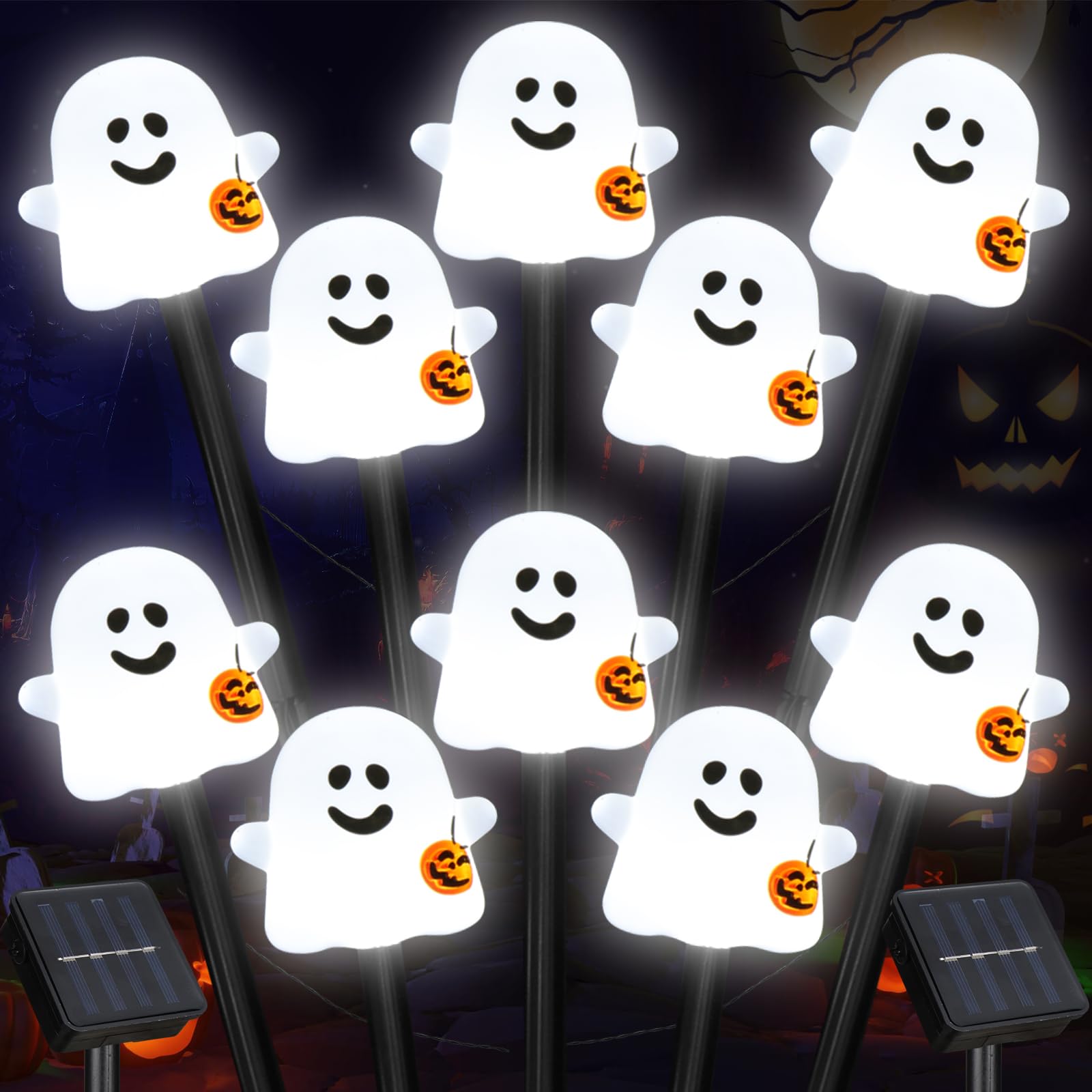 BRIGHTDECK Solar Halloween Ghost Pathway Lights, 10 Pack Ghost Stake Lights with Pumpkin Design, Durable Waterproof Outdoor Hall