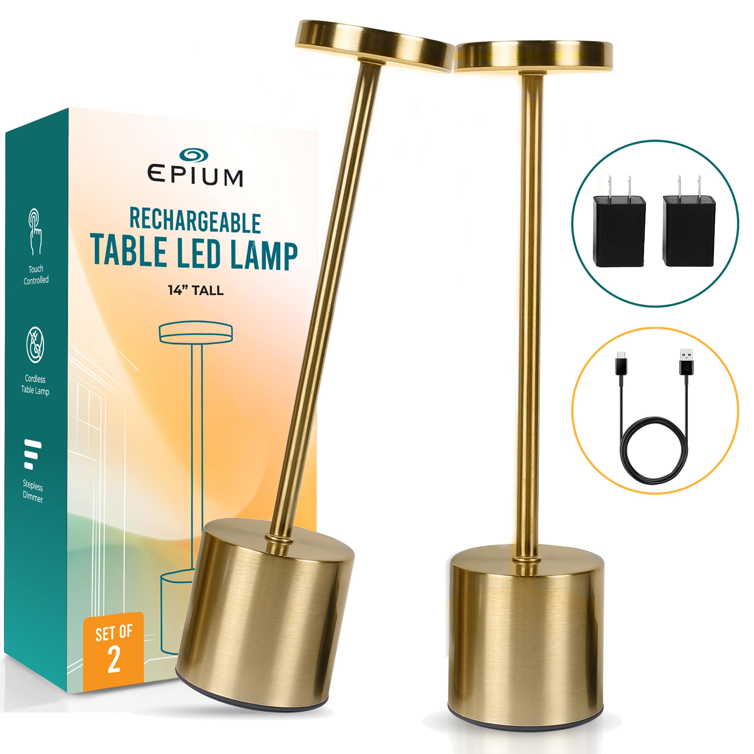 Cordless Table Lamp Pack of 2 (Gold) Rechargeable Lights - Set of 2 USB Chargers Included - LED 3-Color Dimmable Lamps for Resta