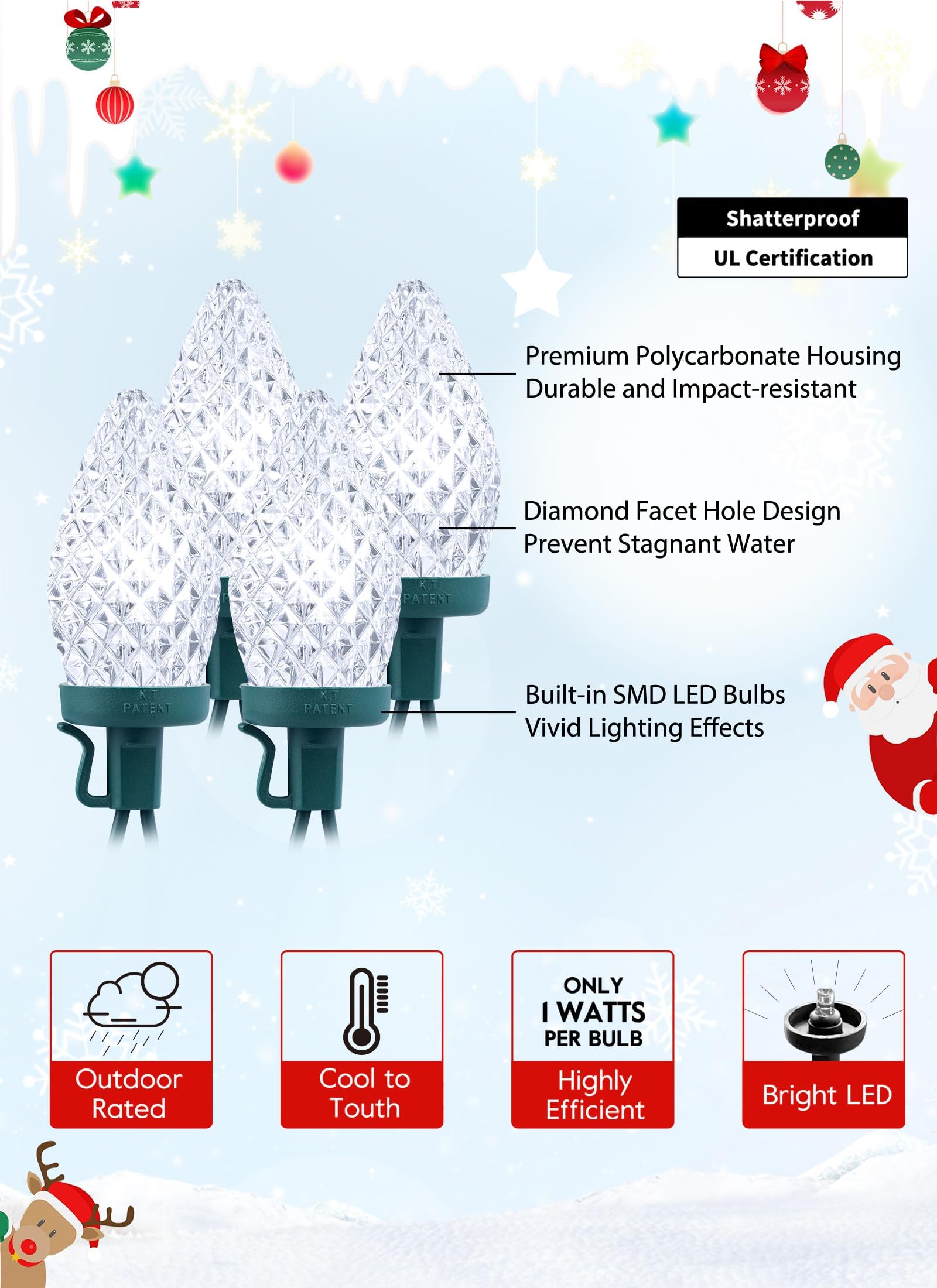 C9 Christmas Lights Outdoor  114 Feet 150 Led C9 String Light With Timer & 8 Light Modes  Waterproof Commercial Grade Connectable Christmas Tree Lights For House Indoor Outside Roofline  Pure White