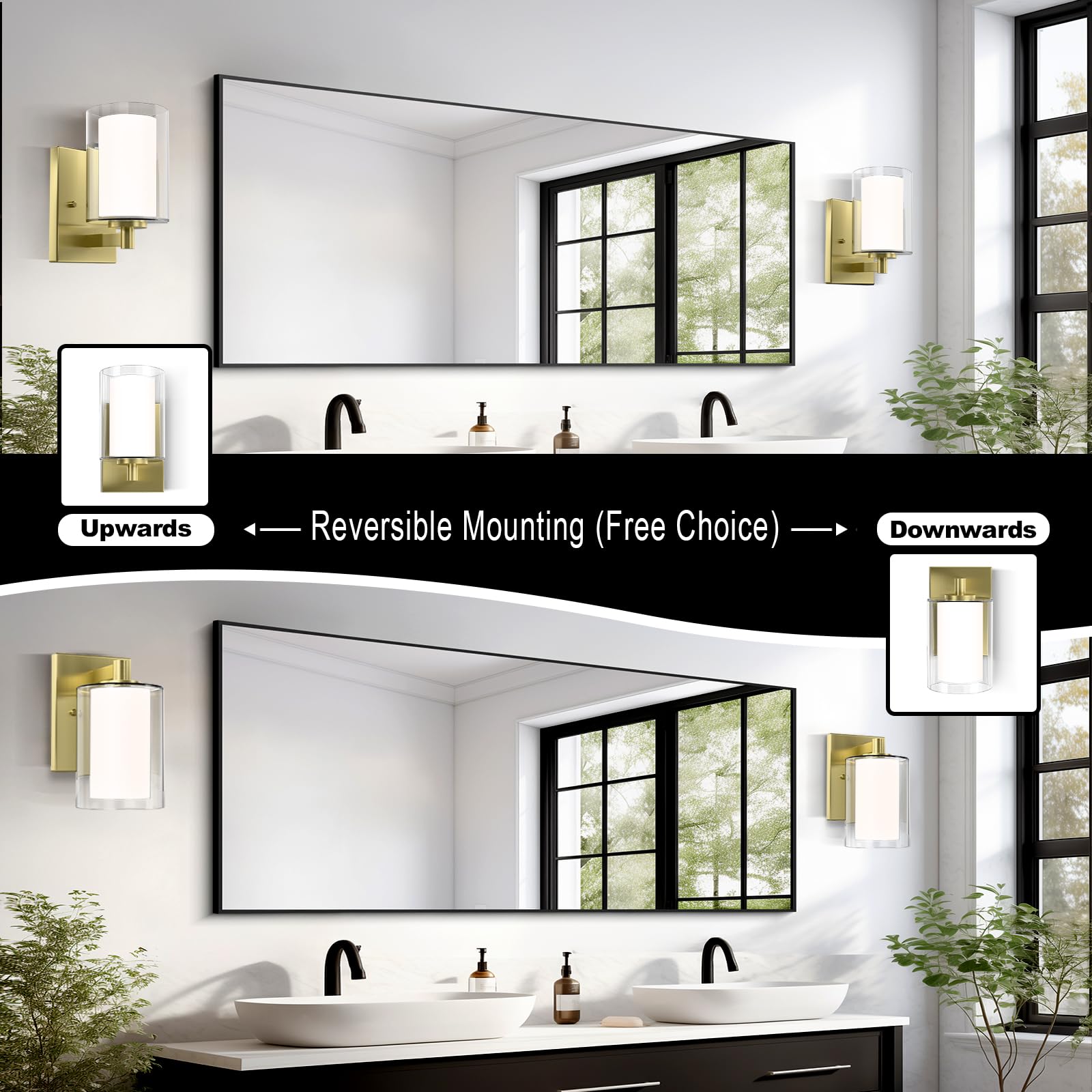 Bathroom Wall Sconces Set Of 2 Gold Double Clear Glass Shade Modern Vanity Lights Indoor Farmhouse Wall Light For Bedroom Living Room Hallway Bulb E26 Base (Bulbs Not Included)
