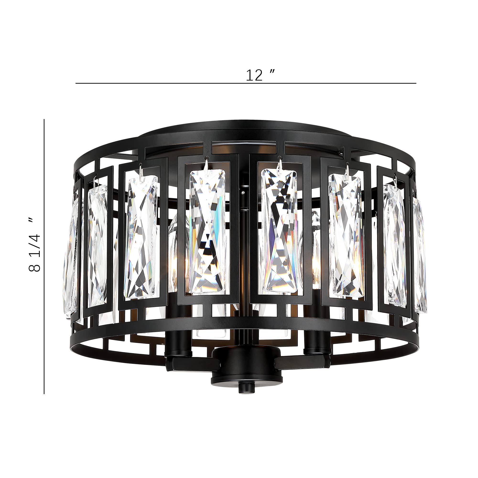 Crystal Ceiling Light Flush Mount For Bedroom, Kitchen Island Crystal Drum Shade Lighting Fixture, 3-Light Black Ceiling Lamp Fo