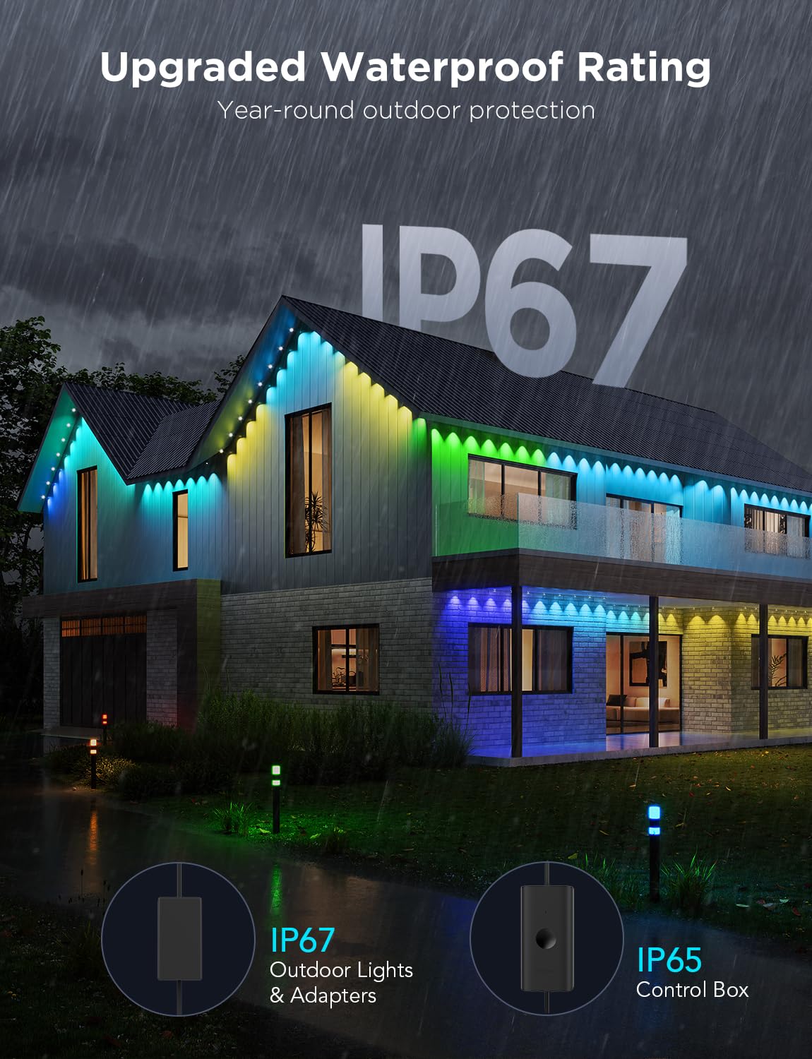 Govee Outdoor Lights Pro, 150ft, 90 RGBIC LEDs, 75 Scene Modes, IP67 Waterproof, Works with Alexa, Google Assistant, Black, Model H706B