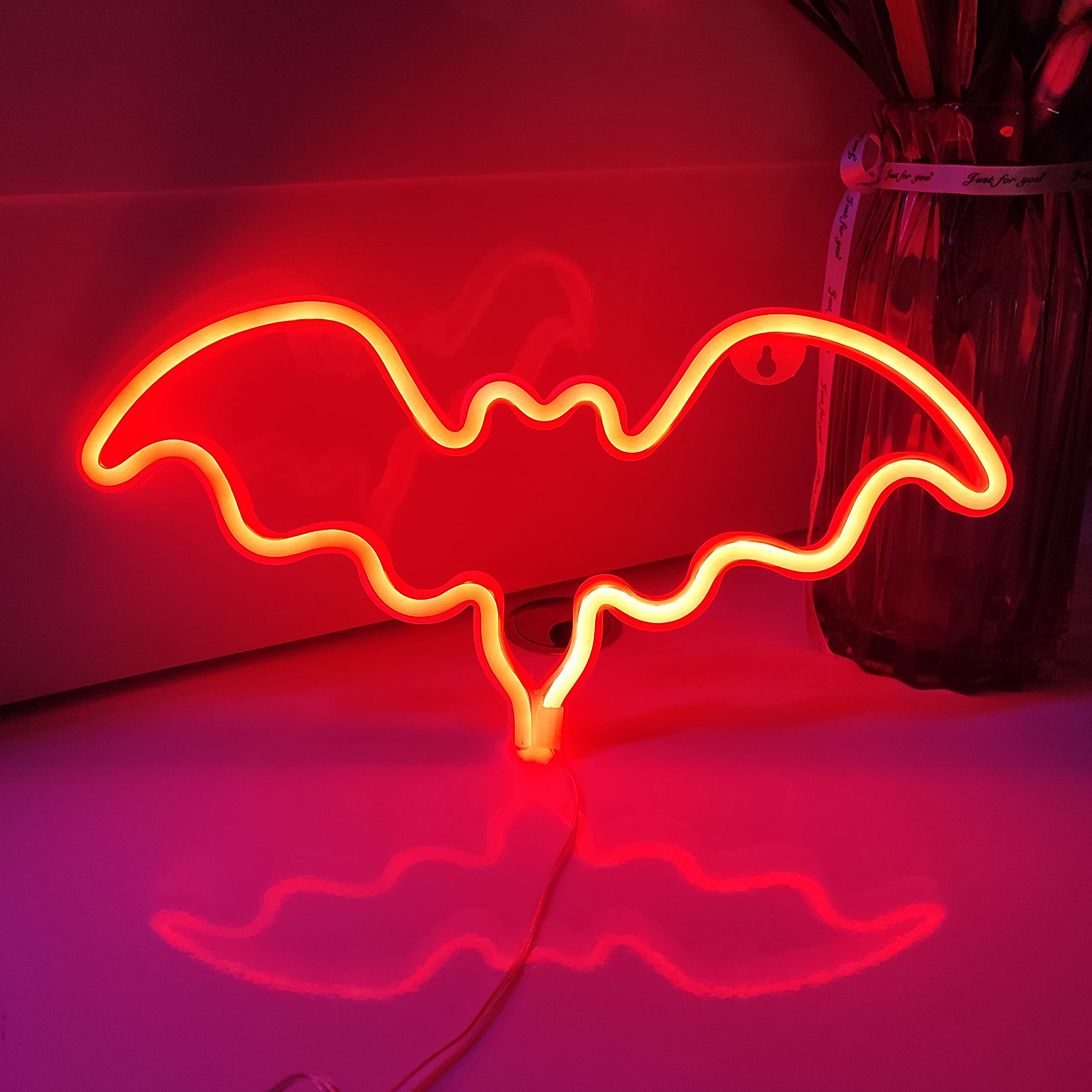 JYWJ Neon Sign, LED Bat Light, USB/Battery Powered, Red, Model JY-BT-RD01, Table & Wall Decoration