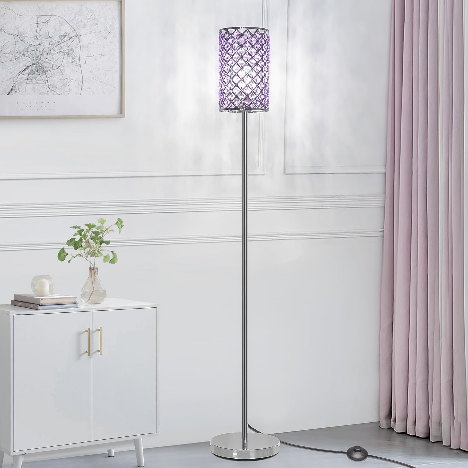 Floor Lamp for Bedroom, Lavender Crystal Floor Lamp with Glam Shade, Elegant Standing Lamp with On/Off Foot Switch & Silver Base