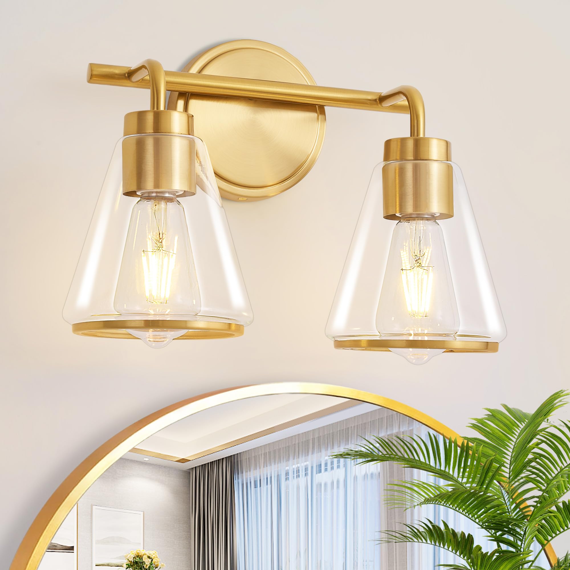 Nadosa Bathroom Light Fixtures Over Mirror Gold Vanity Light 2-Lights With Clear Glass Shade 14 Inch Modern Wall Sconces Bath Light