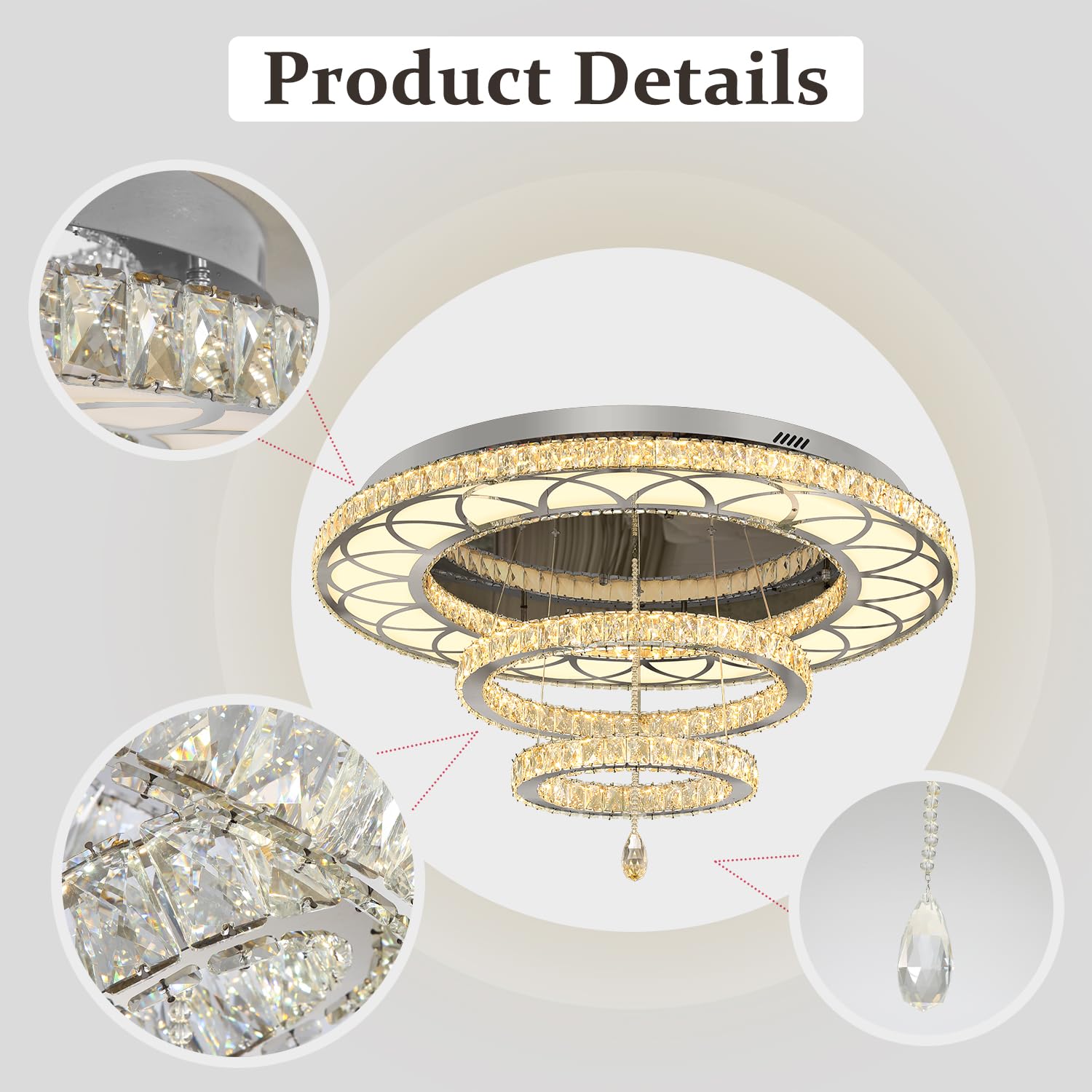Flashing God 48" LED Chandelier - Silver Crystal Flush Mount Light for Living Room & Dining Room, Dimmable 2700K/4500K/6000K, Model MMQ