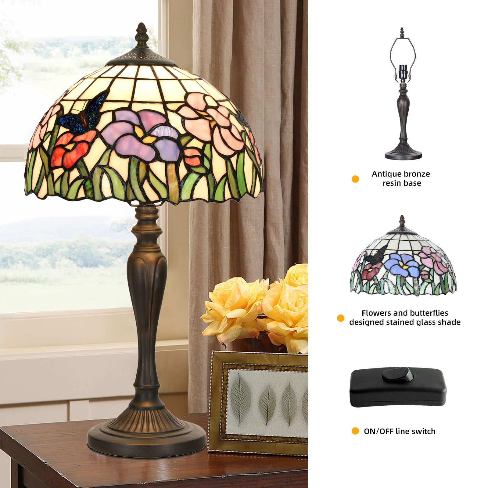 HomeBeauty Tiffany Table Lamp - Vintage Stained Glass Flowers & Butterflies, 12x21.5 Inches, Perfect for Bedroom & Living Room Decor
