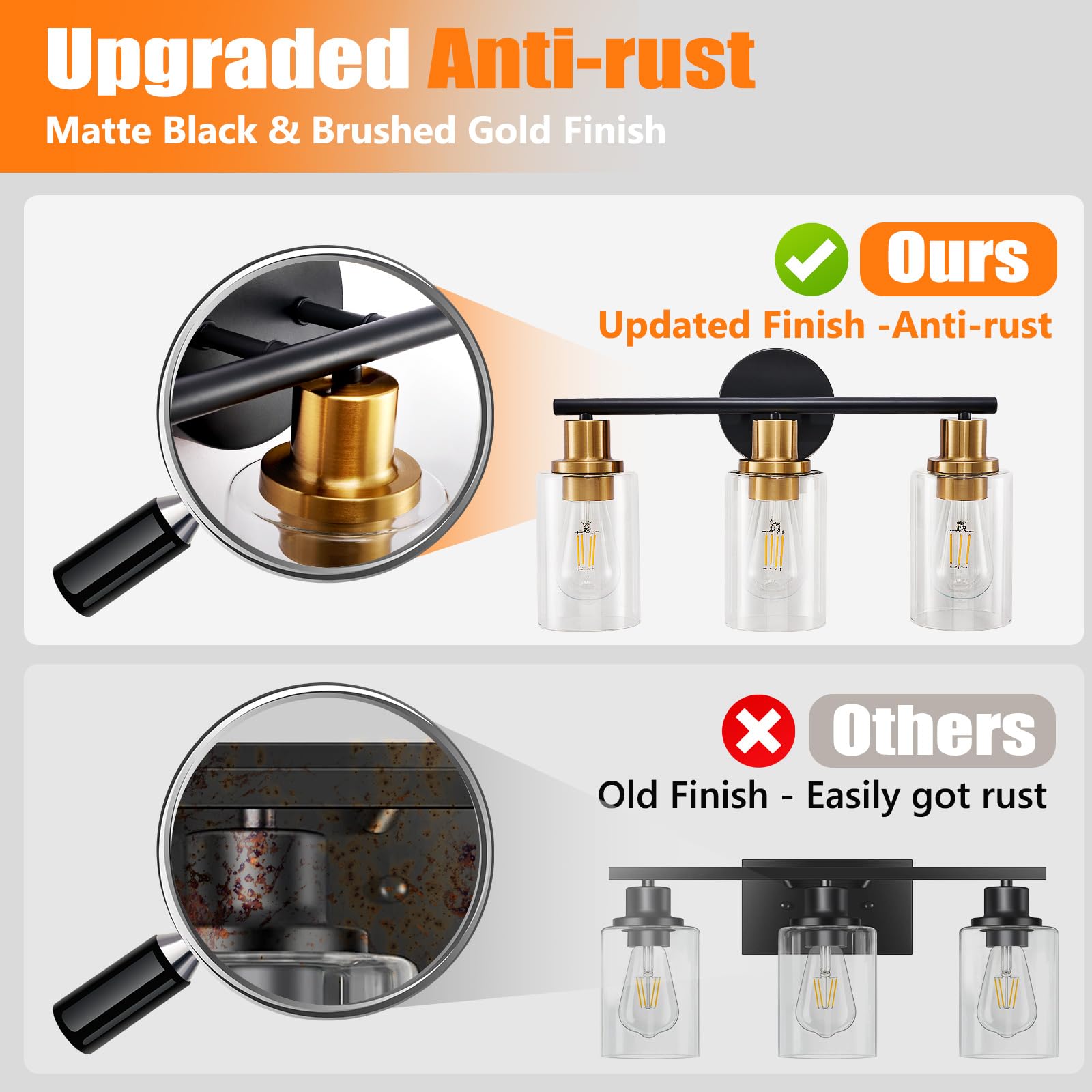 DINGLILIGHTING 3-Light Bathroom Vanity Light Fixtures Black & Gold Metal WS-FNW2-60B-3-BG with Clear Glass Shades