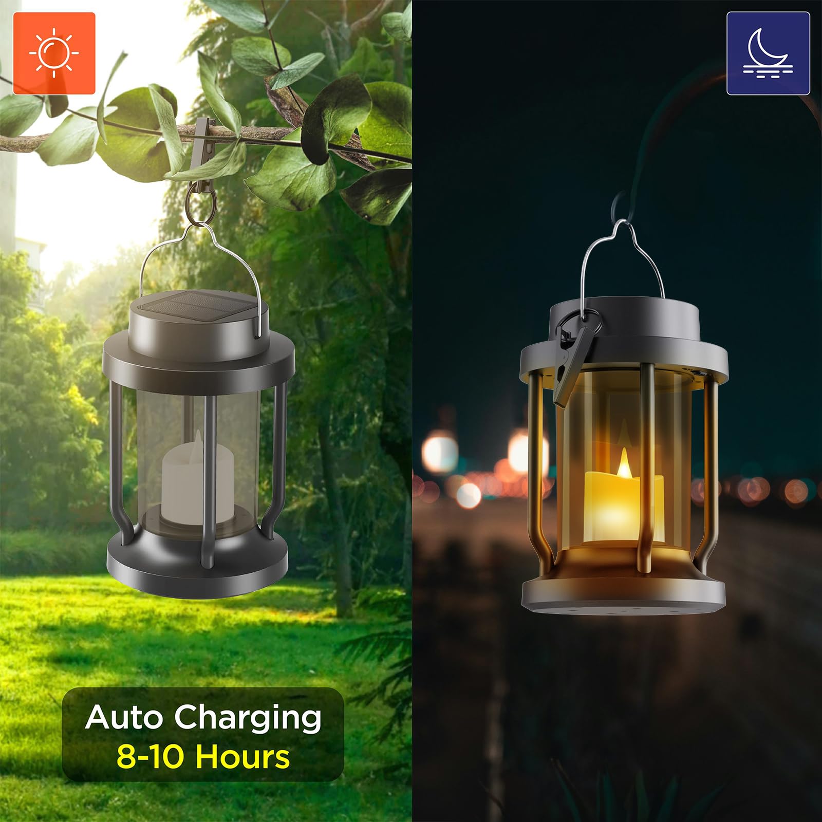 FriutShine Solar Lantern ·Flameless Candle, Weatherproof, 2 Pack, Black + Gray, Model L01