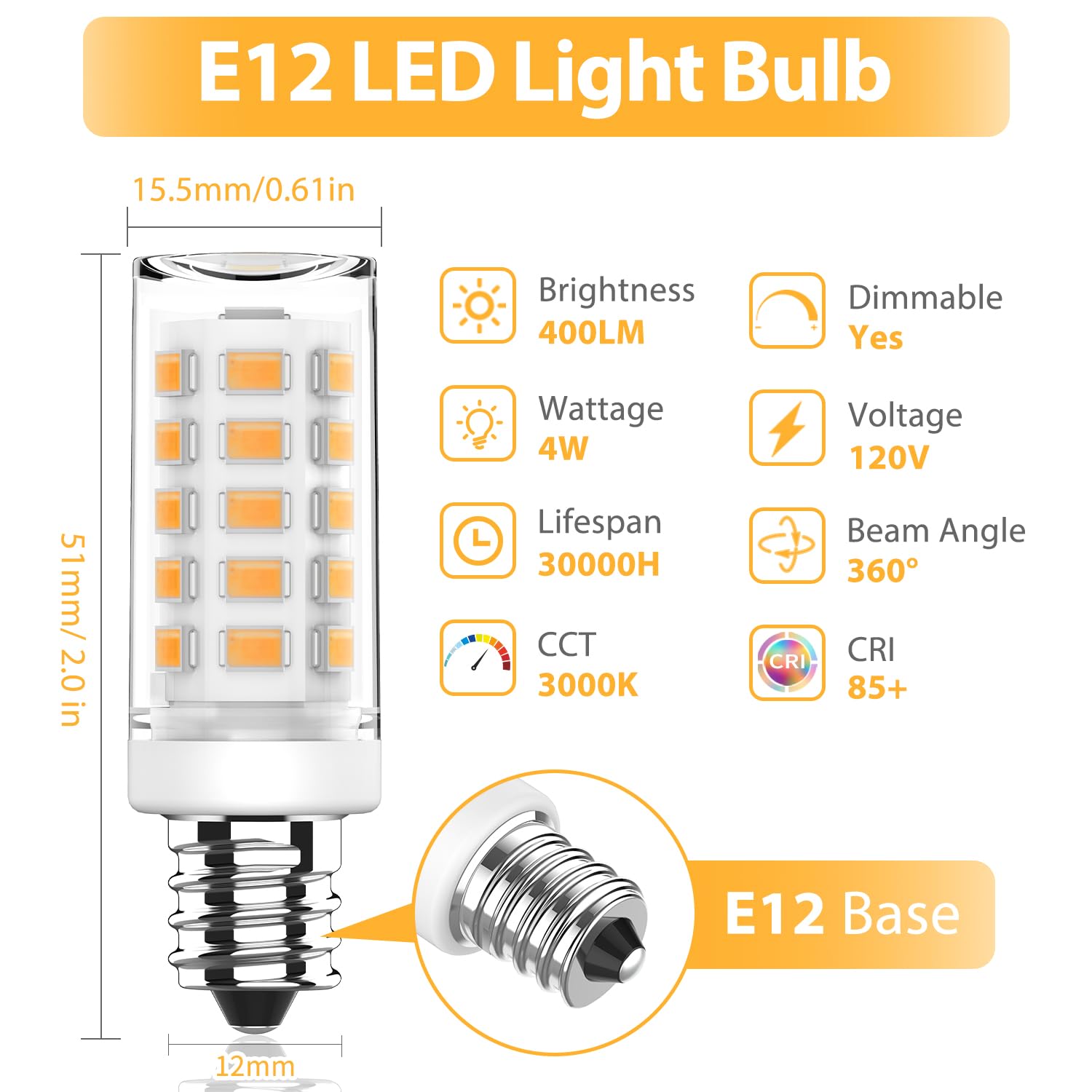 Yuiip E12 LED Bulb 5W Equivalent to 40W Halogen Bulb, Warm White 3000K, Candelabra Base E12 Light Bulbs for Ceiling Fan, Chandel