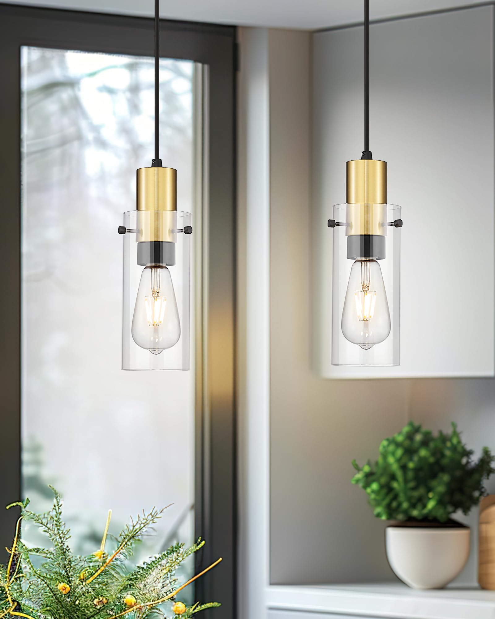 Emak 2 Pack Black Gold Pendant Light, Modern Farmhouse Pendant Lights Kitchen Island With Clear Glass Shade, Mini Hanging Lights