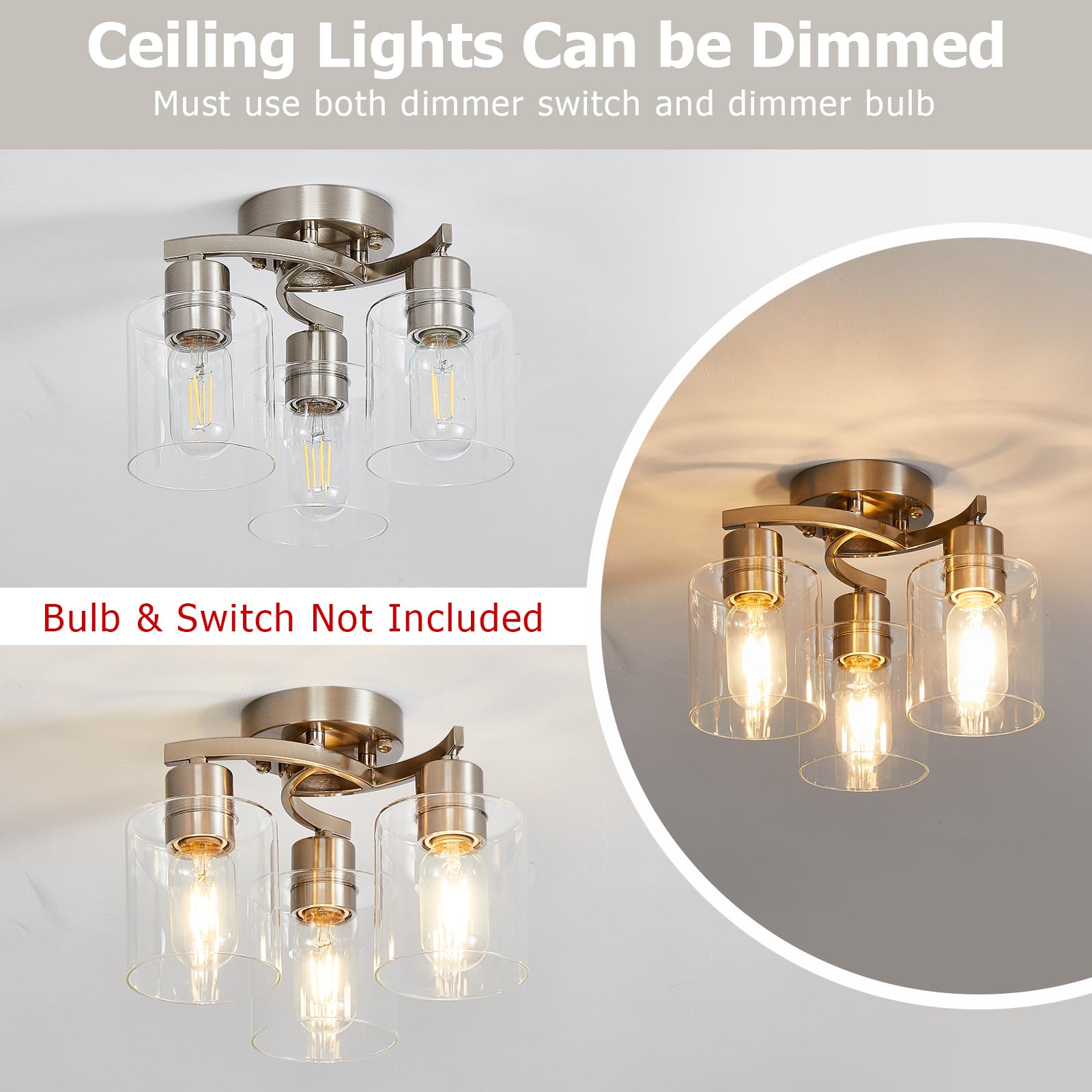 Brushed Nickel Flush Mount Ceiling Light, Kitchen Lighting Fixtures Ceiling, 6-Light Dining Room Light Fixture With Clear Glass Shade, Modern Ceiling Light Fixture For Bedroom, Living Room, Entryway