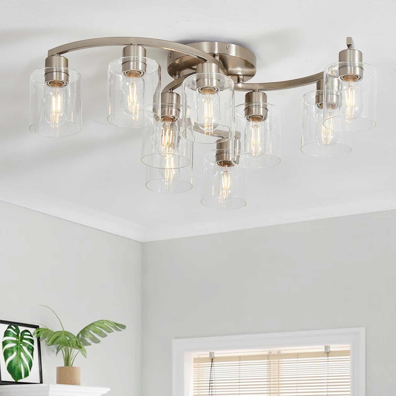 Eatich 9-Light Semi Flush Mount Ceiling Light, Modern Brushed Nickel Ceiling Light Fixture, Dining Room Light Fixture with Clear