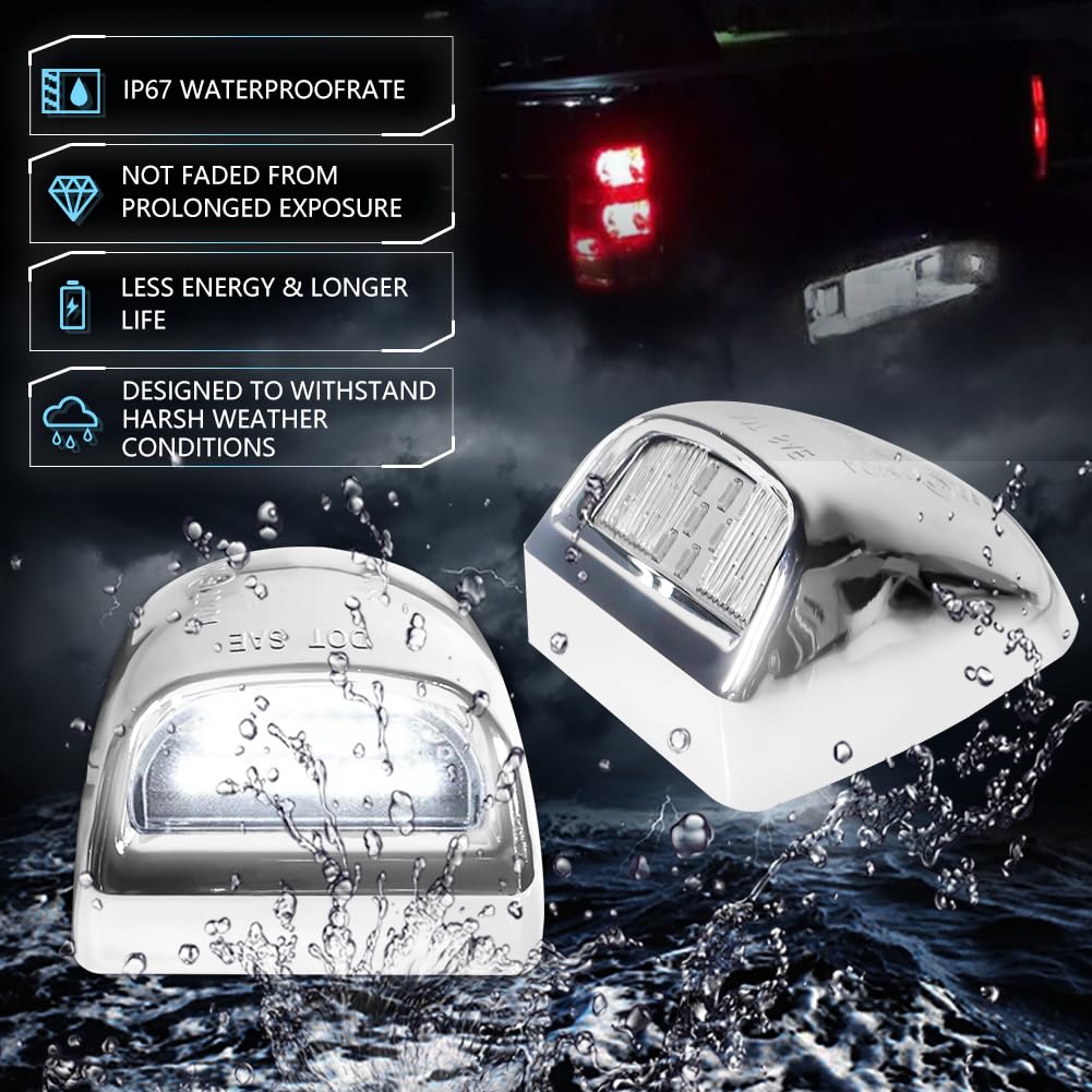 VANKUB LED License Plate Light, Chrome Housing, 6000K Xenon White, Compatible with Chevy Silverado, GMC Sierra, 2 PCS