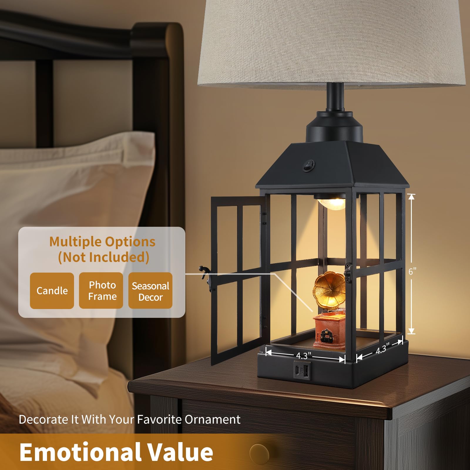 25'' Farmhouse Table Lamps For Living Room, Black Lamps Set Of 2 With Usb Port And Nightlight, Rustic Table Lamp For Bedroom, Be