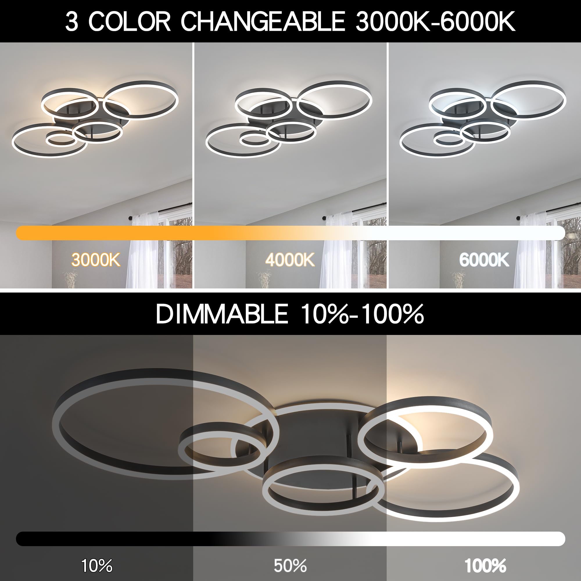 ONEELDY Black LED Flush Mount Ceiling Light, Dimmable, 47in Round 6 Rings Fixture for Dining Room, Living Room, Bedroom