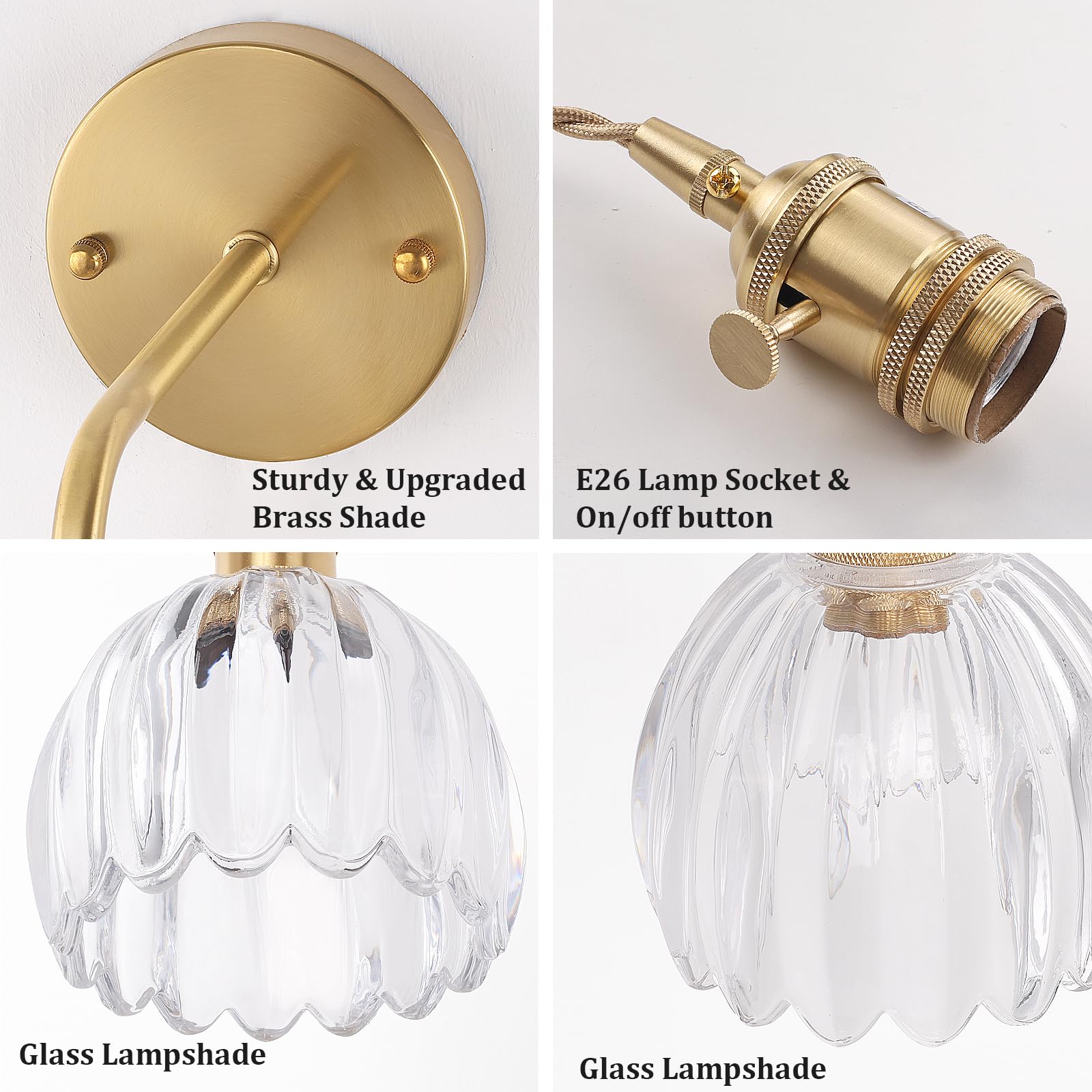 Shenmoyl Wall Sconce - Battery Operated, Clear Tulip Shade, Retro Gold, Set of 2, Model 1-9381