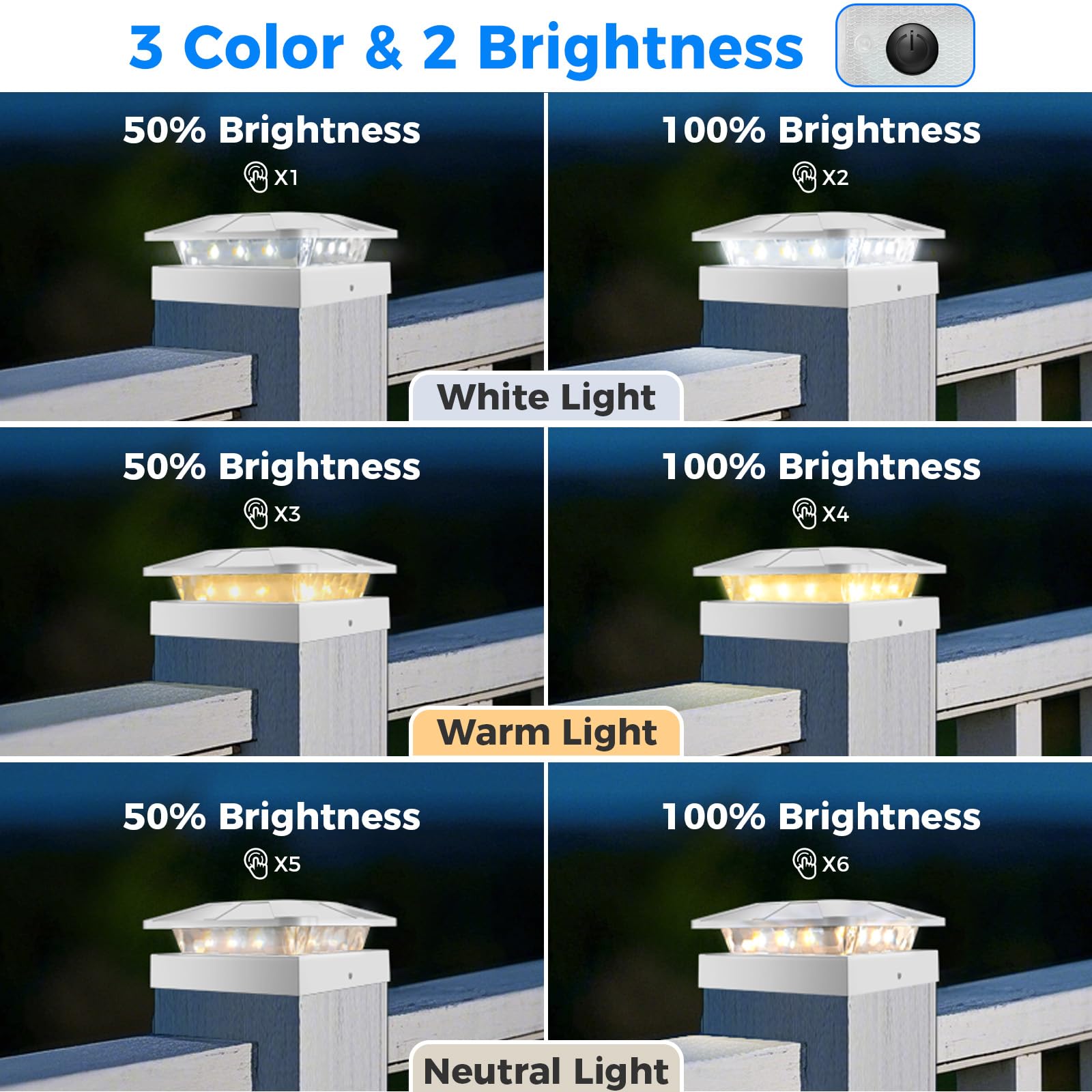 Peasur Solar Post Cap Lights - 4x4 Waterproof LED Outdoor Lights, 3 Lighting Modes, White, Model P4x4SOLAR