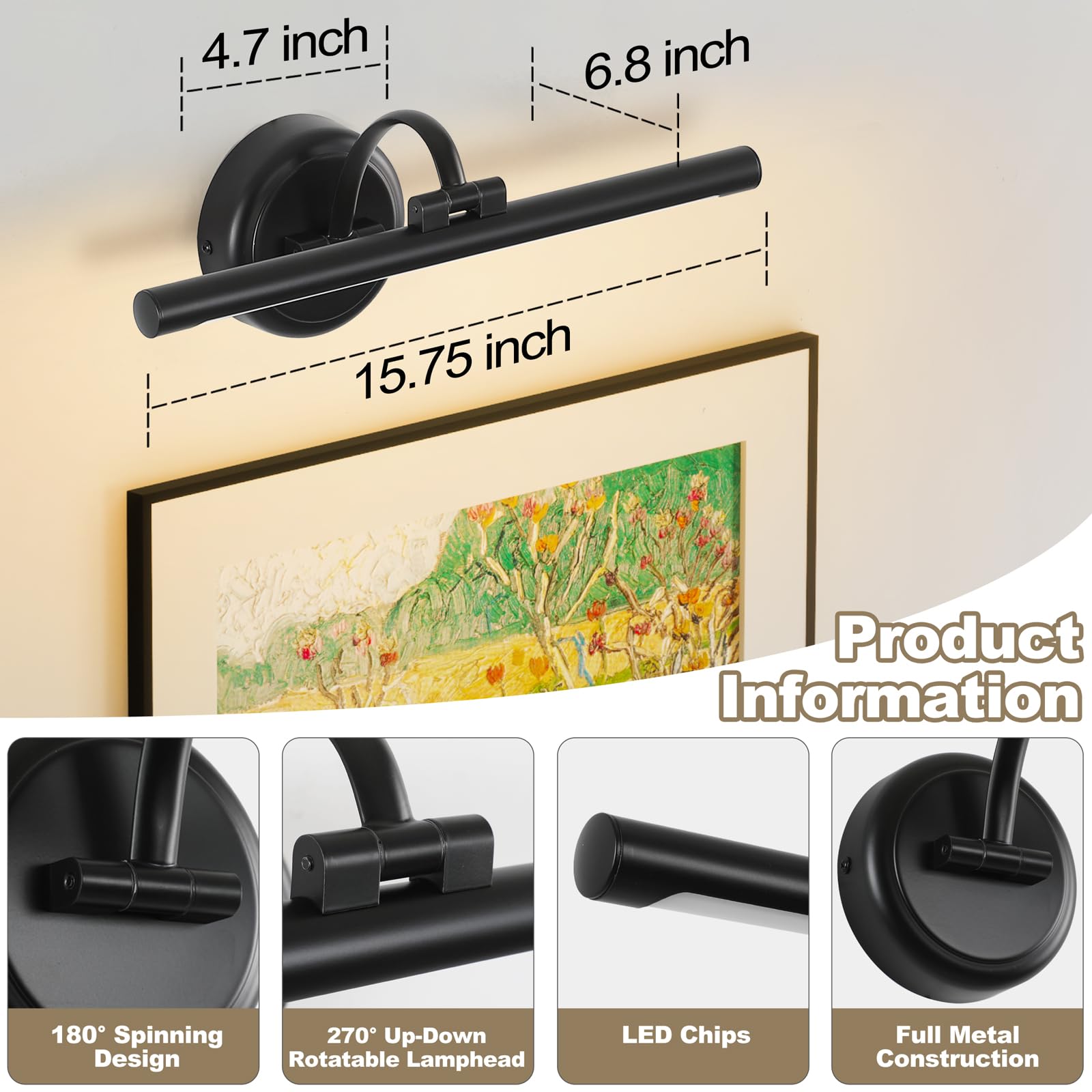 Black Picture Lights For discomfort-reducingtings Hardwired Led Wall Art Lighting 15.75 Dimmable Full Metal Gallery Light Modern Portrait Artwork Picture Frame Light With Single Swing Arm  9W  2700K  Warm White