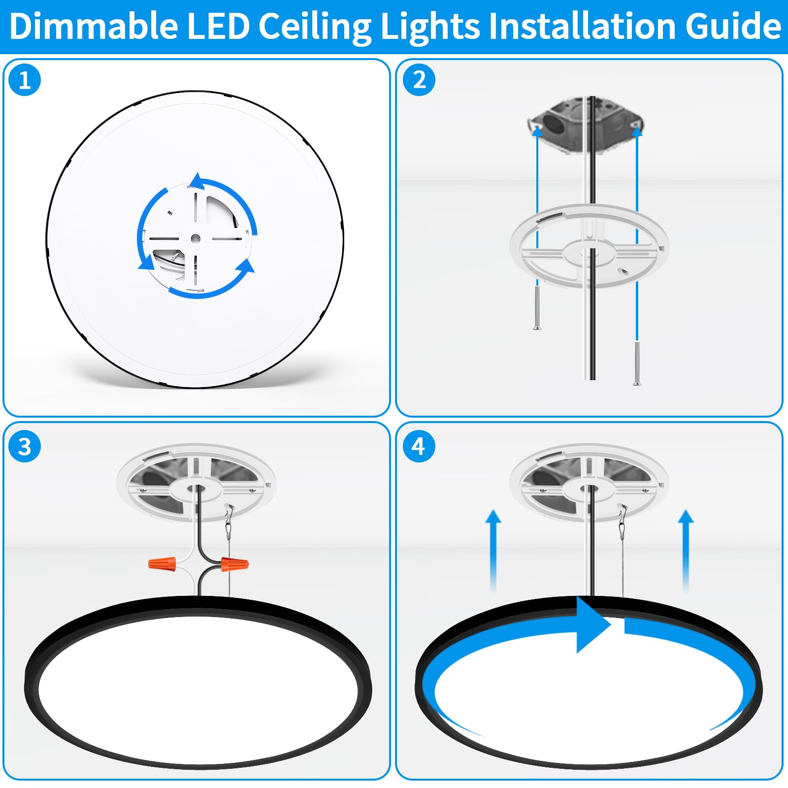 HOVENLA LED Ceiling Light Fixture 15 Inch, 36W, Dimmable, 3000K-6500K, Black, Model LT1371-T01