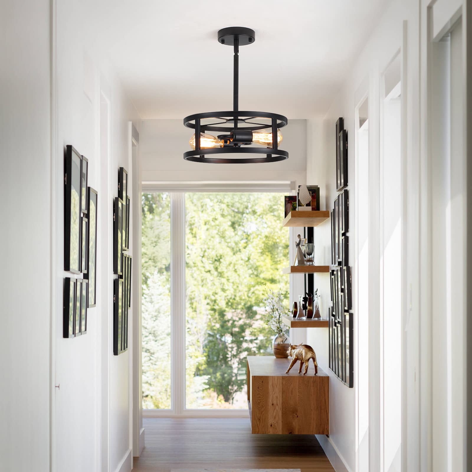 Heircido Industrial Black Semi Flush Mount Ceiling Light,Farmhouse Kitchen Lighting,2 Light Metal Ceiling Light Fixture,Sloped C