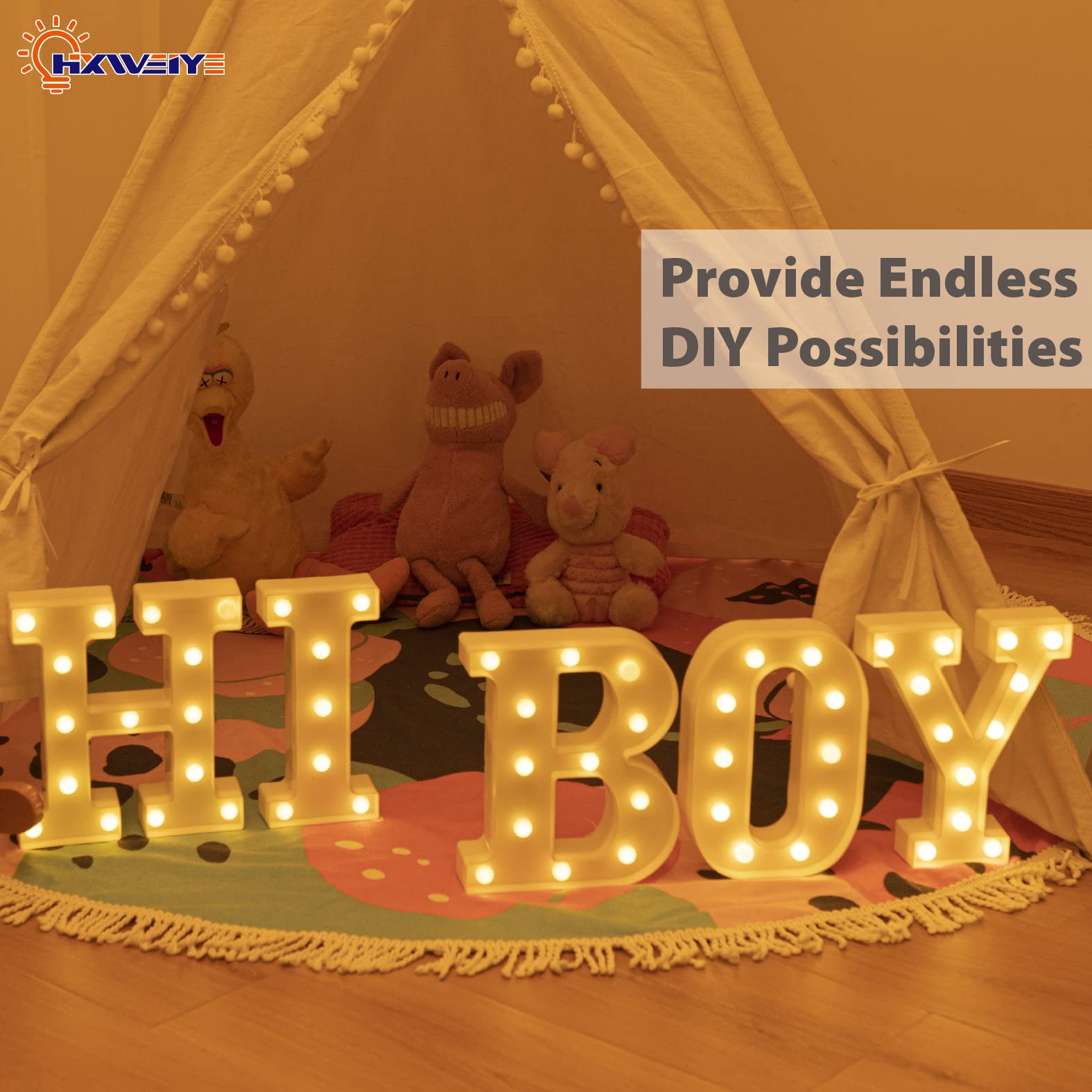 HXWEIYE LED Marquee Letters Lights Sign, 26 Alphabet + Numbers, Battery Powered, Warm White Color