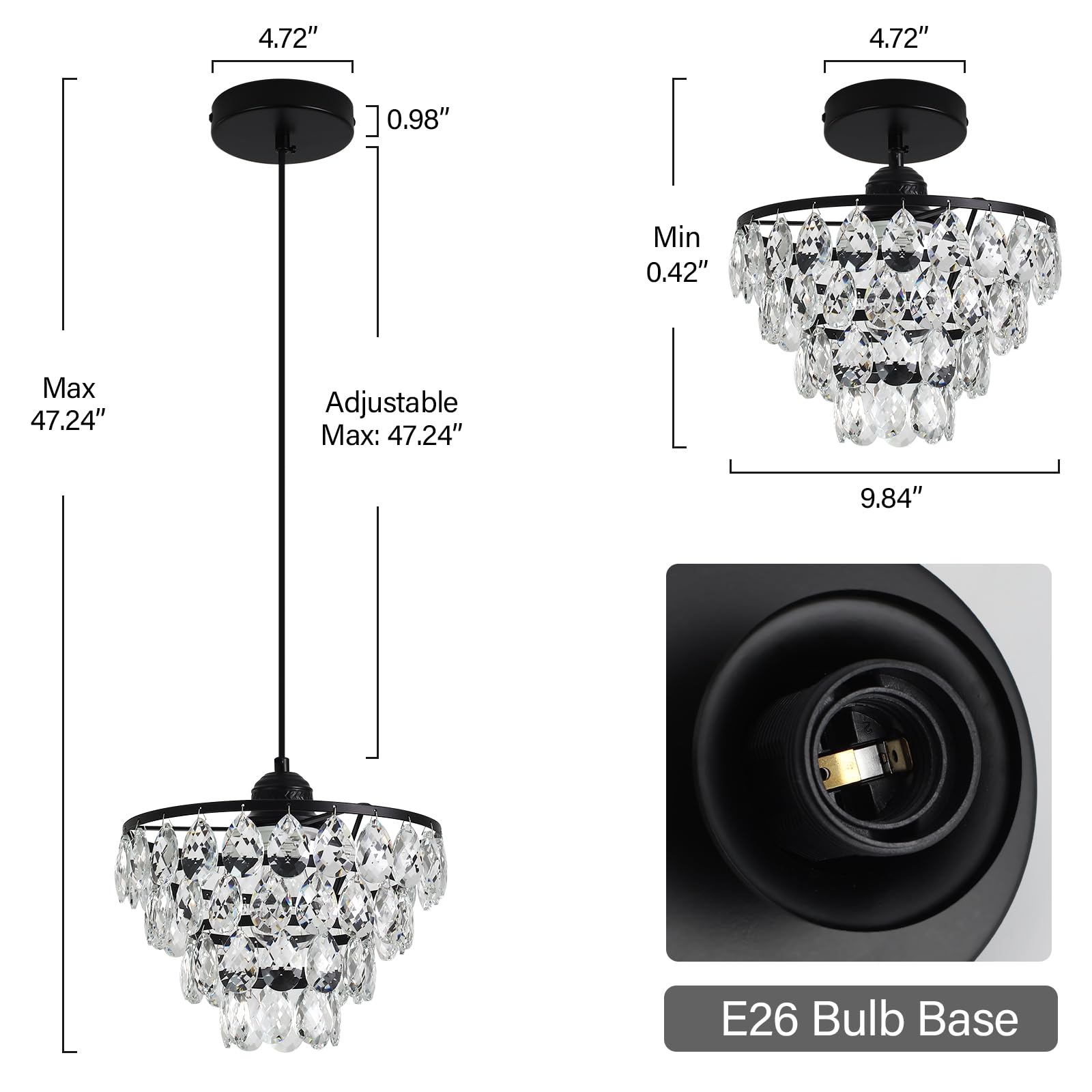 Luupyia Black Crystal Pendant Light Small Chandelier, 47.24 Inches Height Adjustable, Modern Hanging Lights Fixtures Black Cryst