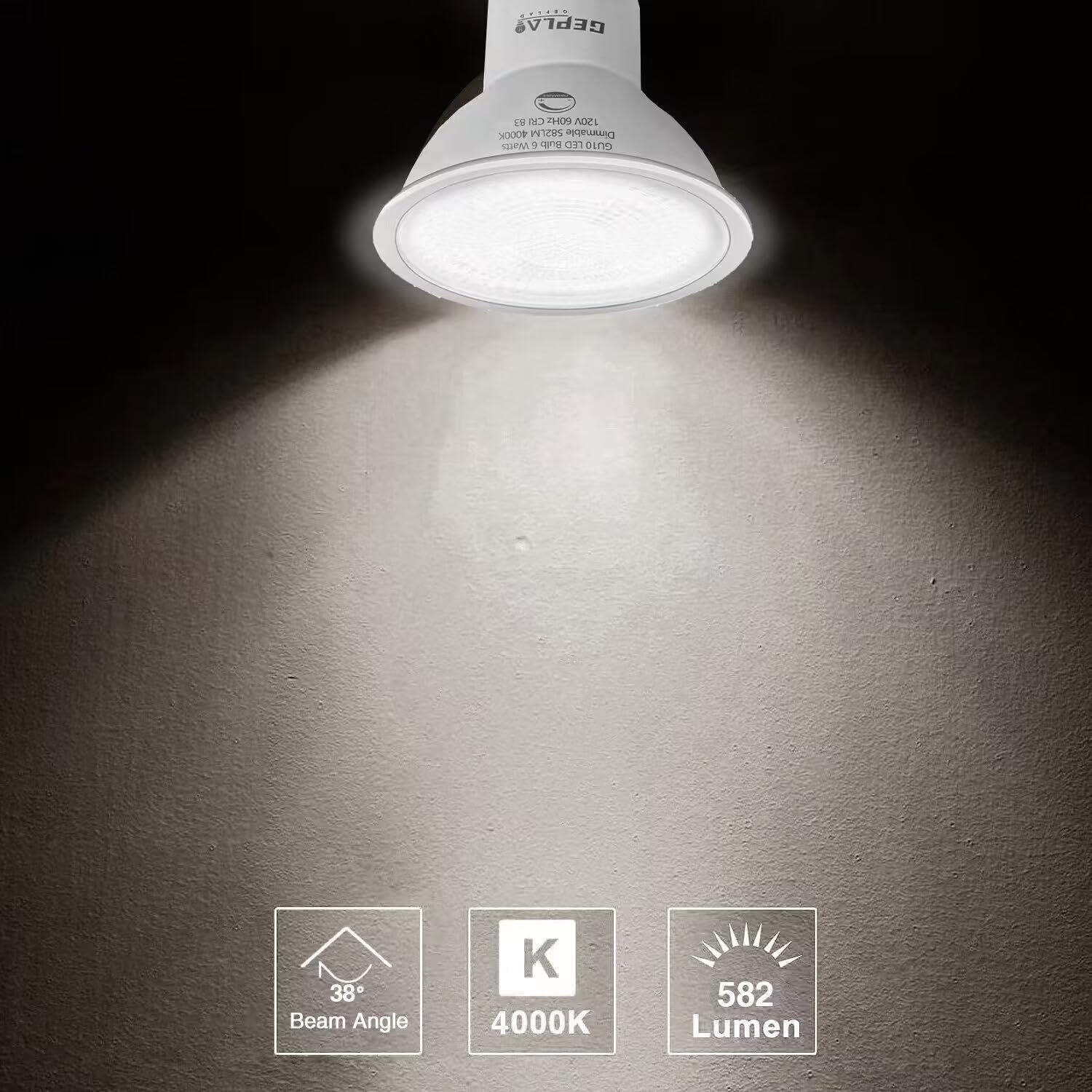 6-Pack Gu10 Led Bulbs 6W Dimmable,4000K Cool White, 582Lm,38° Beam Angle, Replacement 50W Halogen Light Bulb, For Spotlight Track&Recessed Lighting
