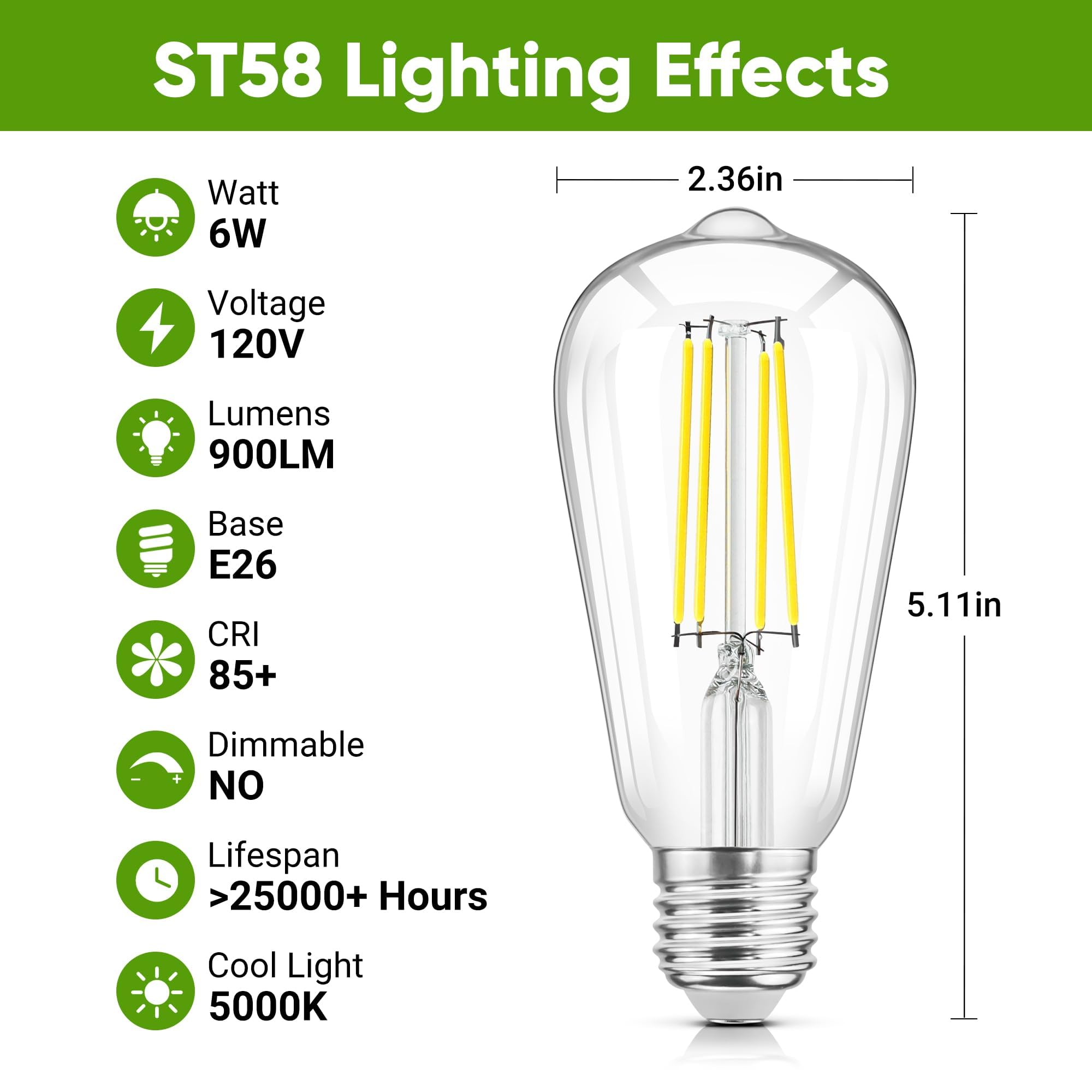 Wihtu Led Light Bulbs, Bright Vintage 6W Led Edison Bulbs, St58 5000K Warm Light With Cri 85+, E26 Standard Base, 900Lum, Non-Di