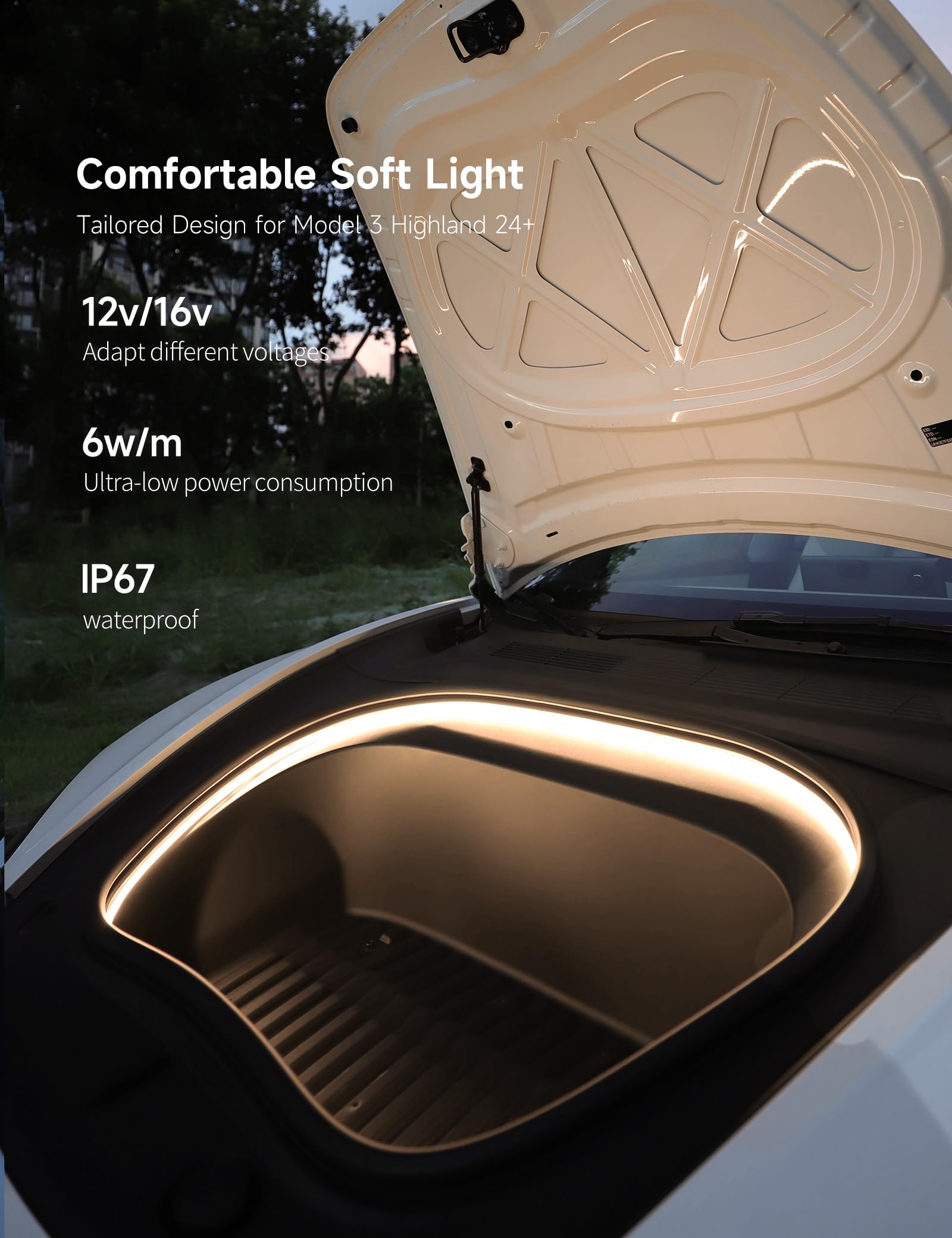 Tparts Frunk Led Strip For Tesla Model 3 Highland 2024 2025+ Flexible Silicone Waterproof Interior Lighting Bar  Easy Installation Tesla Front Trunk Accessories Ambient Lights