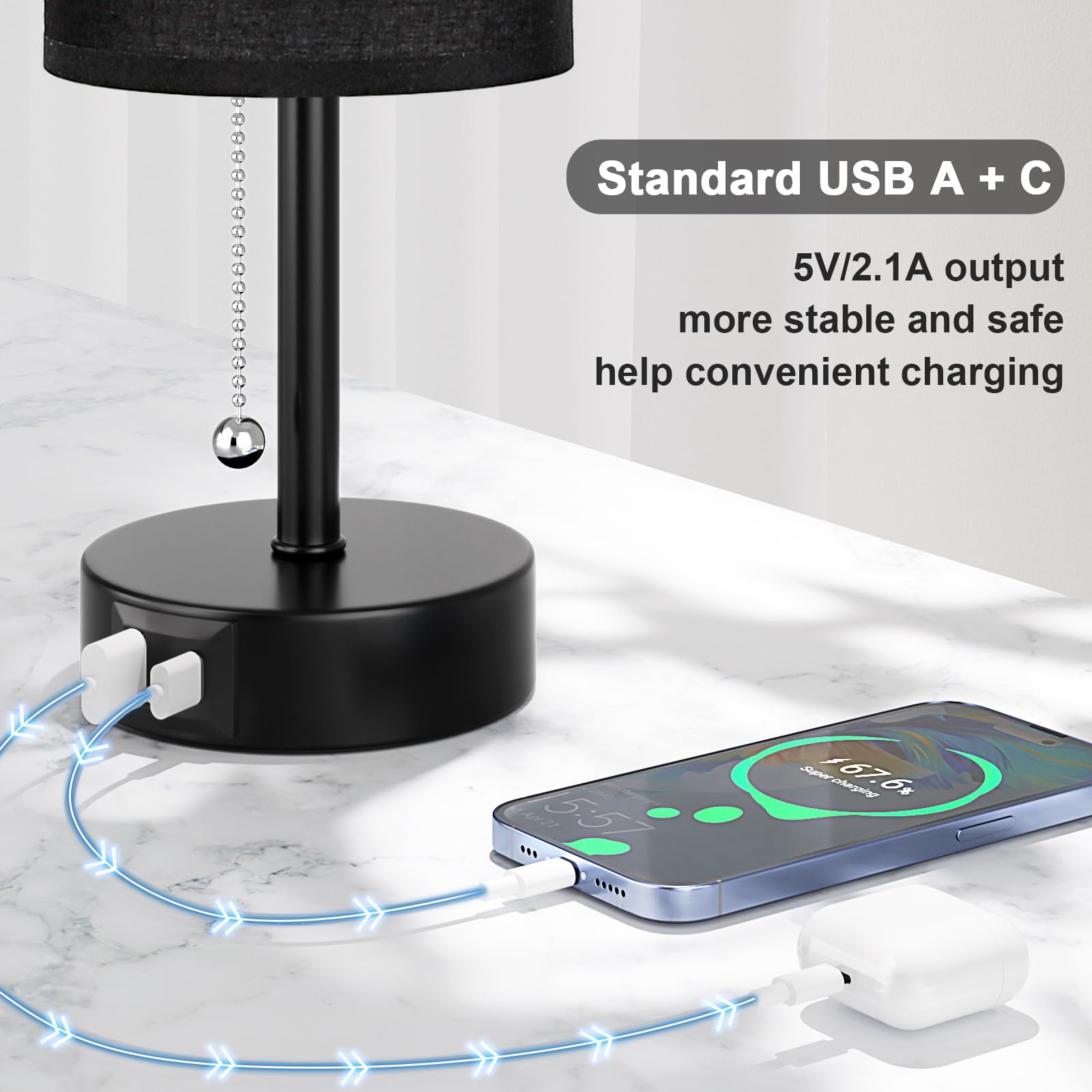 Black Bedside Lamp For Bedroom Nightstand - Small Table Lamp With Usb A + C Charging Port, 3 Color Temperatures Pull Chain Night