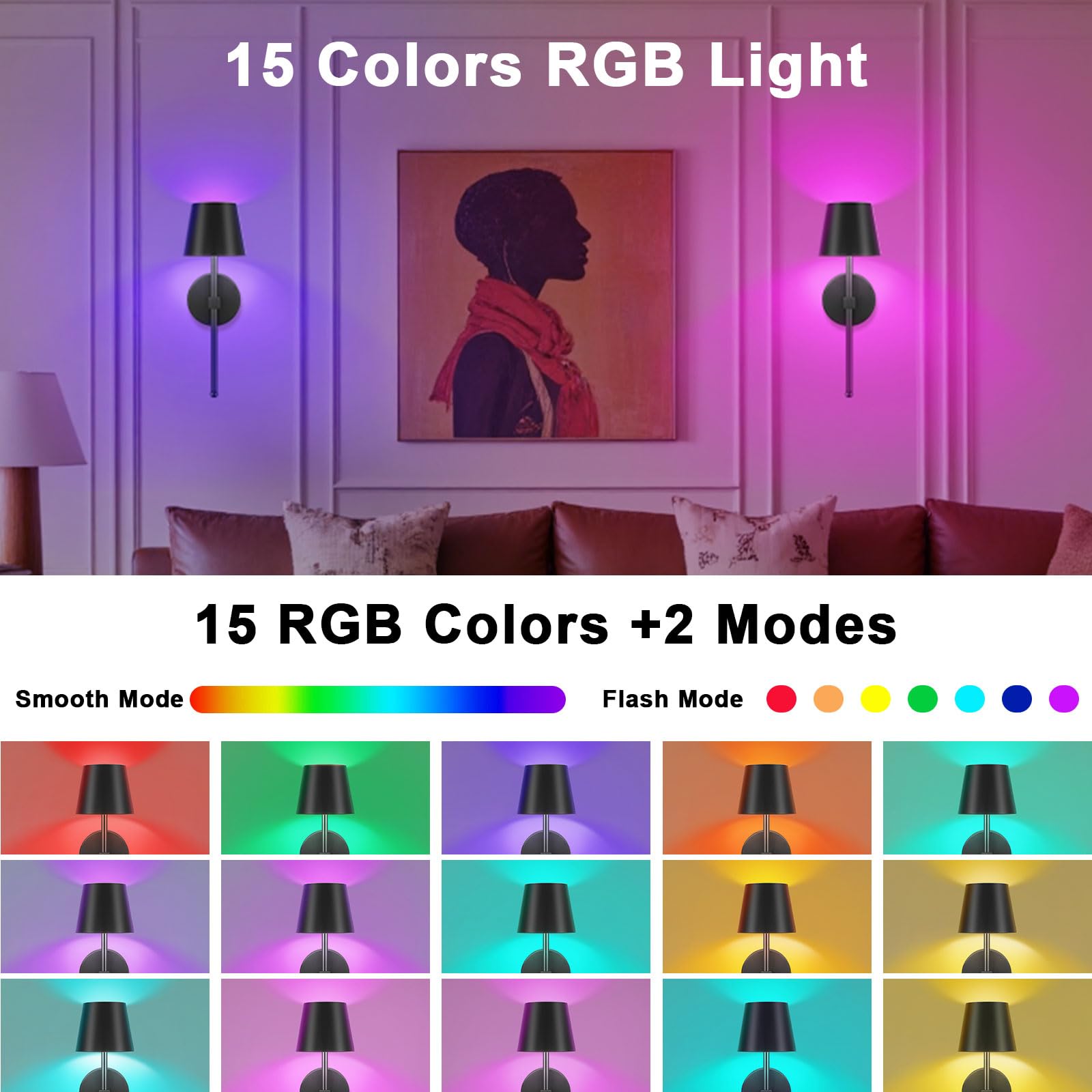 LIGHTESS Battery Operated Wall Lights, 5200mAh Rechargeable Wall Sconces Set of Two with Remote Control, 15 Colors RGB Indoor Di