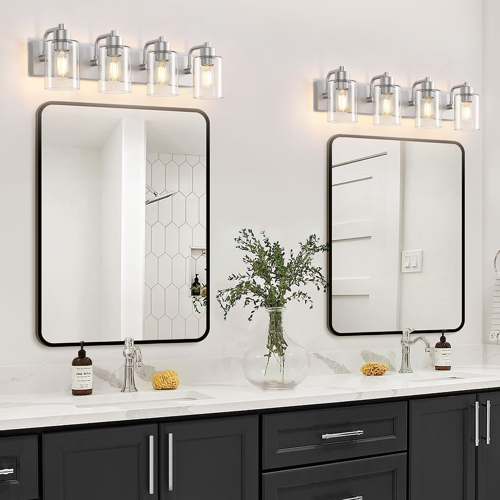 Dpyrrhic Brushed Nickel Bathroom Light Fixtures, Wall Mounted 4-Light Bathroom Lights Over Mirror With Clear Glass Shade,Wall Sc