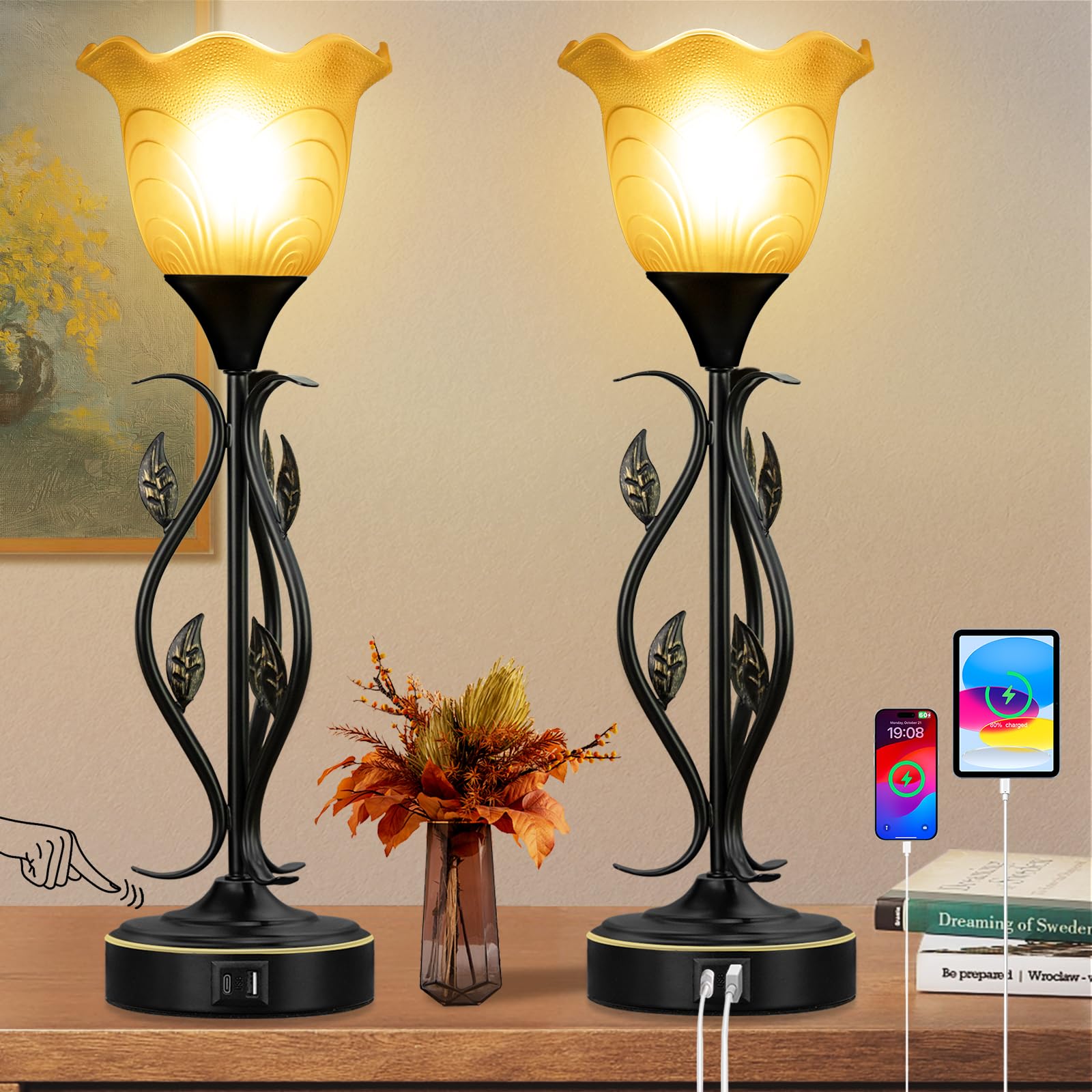 20'' Table Lamps For Living Room - Set Of 2 Touch Bedside Lamps With Usb C Ports, Leafy Vines Amber Flower Shade, Torchiere Desi