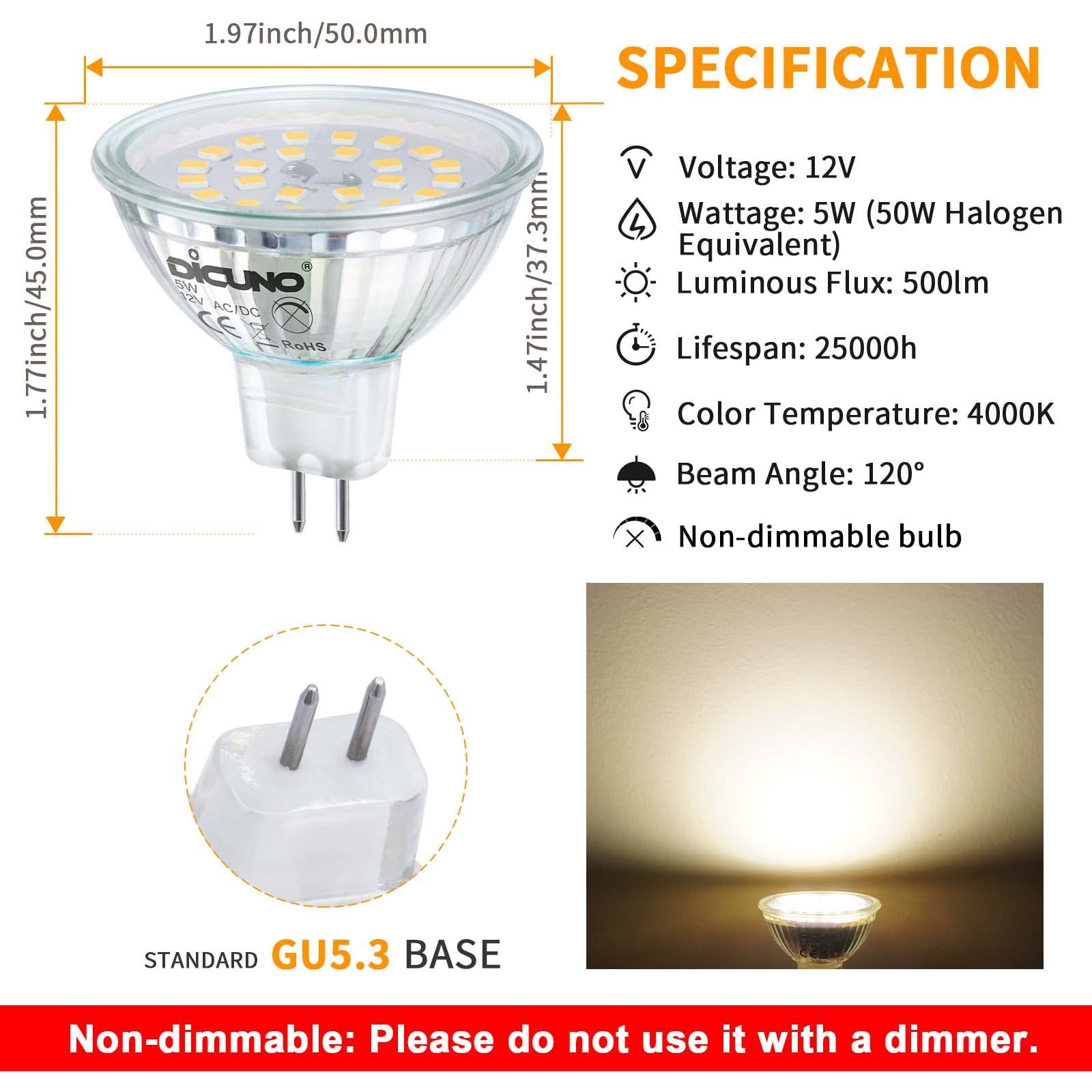 DiCUNO GU5.3 LED Bulb 12V MR16 Natural White 4000K 500LM 5W 6 Pack